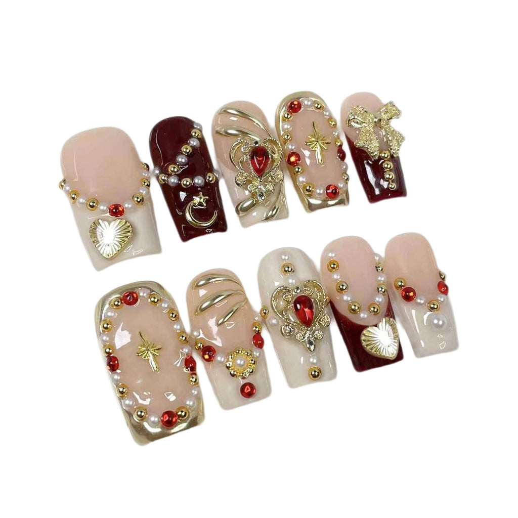 Qicaijia 10Pcs Size M Medium Square Handmade Press-On Nails | Luxury Egyptian Palace Relief with Gold Charms