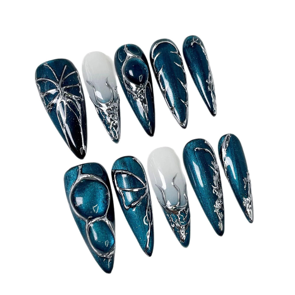 Qicaijia Handmade Long Press On Nails – Blue Cat's Eye Almond Full Cover (10Pcs, Size M)