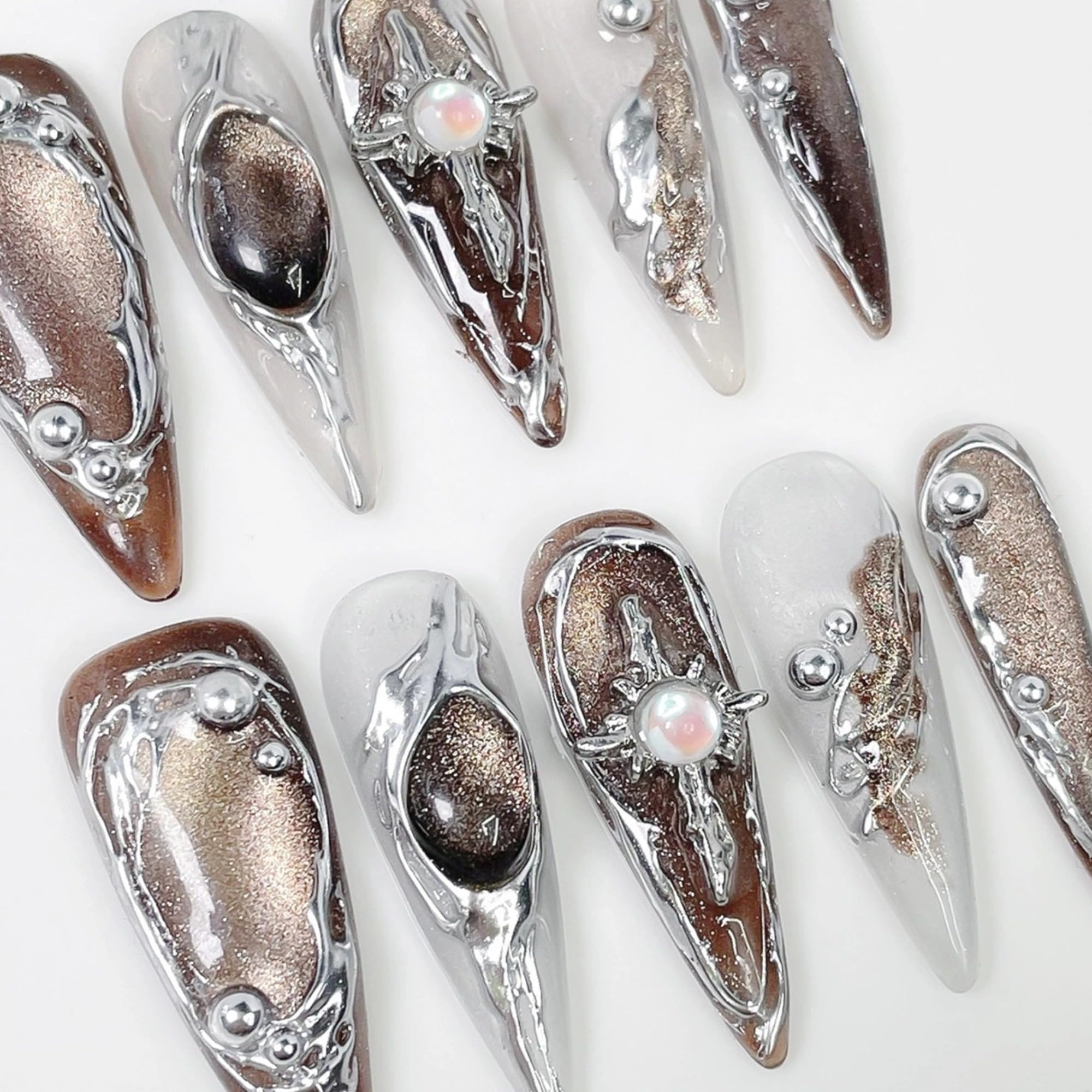Qicaijia Handmade Long Press-On Nails — Brown Cat's Eye Full-Cover Glossy Almond Nails (10 Pcs, Size M)