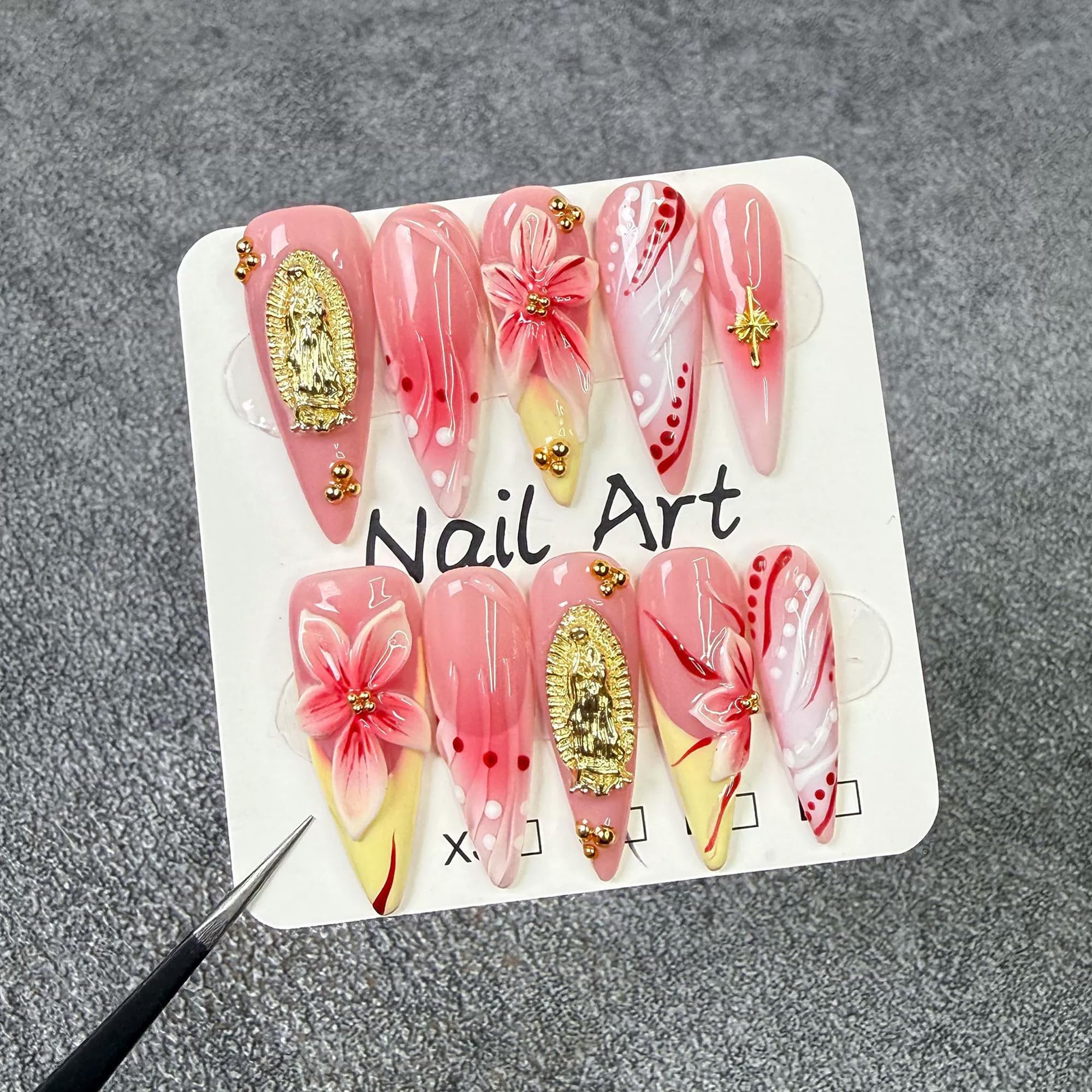 Qicaijia Long Press On Nails – Almond Design, 3D Flower French Tip, Glue-On, 10Pcs (Size M)