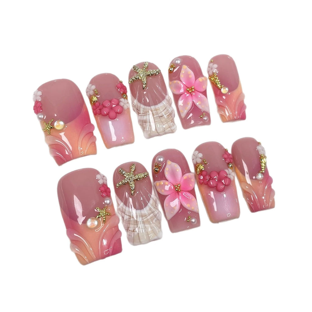 Qicaijia Medium Square Press-On Nails – 3D Flower, Shell Starfish Design, Full Cover
