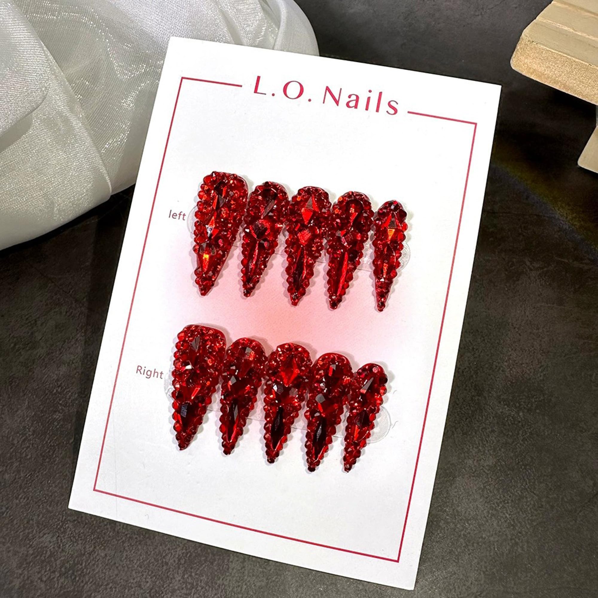 Qicaijia Long Almond Press-On Nails – Sparkly Red Rhinestones, Full-Cover False Nails (10Pcs, Size M)