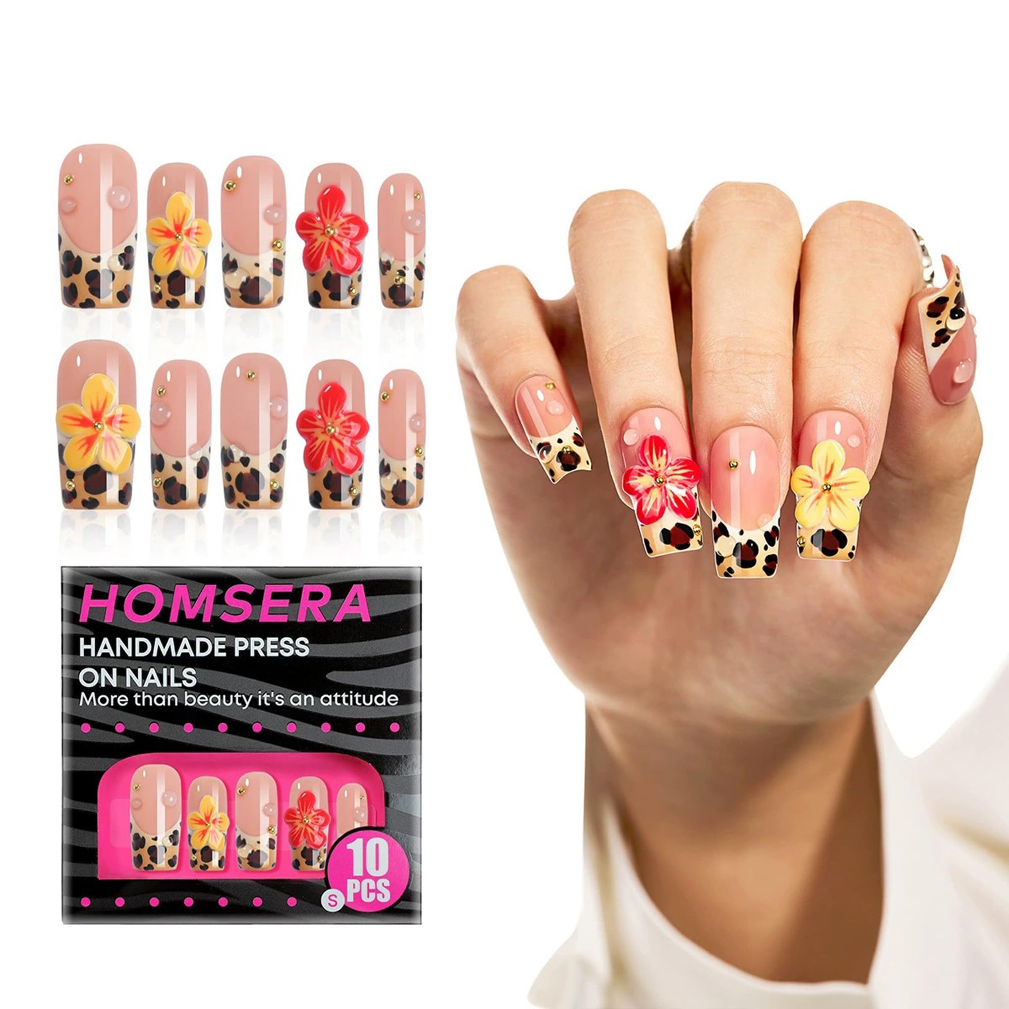 Qicaijia Medium Square Press-On Nails – Leopard Print French Tip with 3D Flower (Size M)