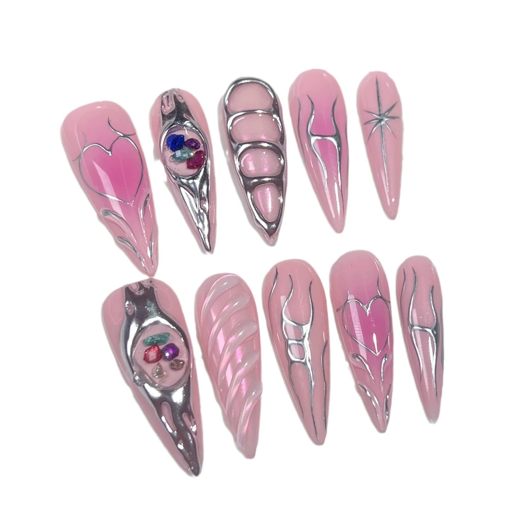 Qicaijia 10Pcs Long Press On Nails – Pink Almond Ombre, Reusable Full Cover
