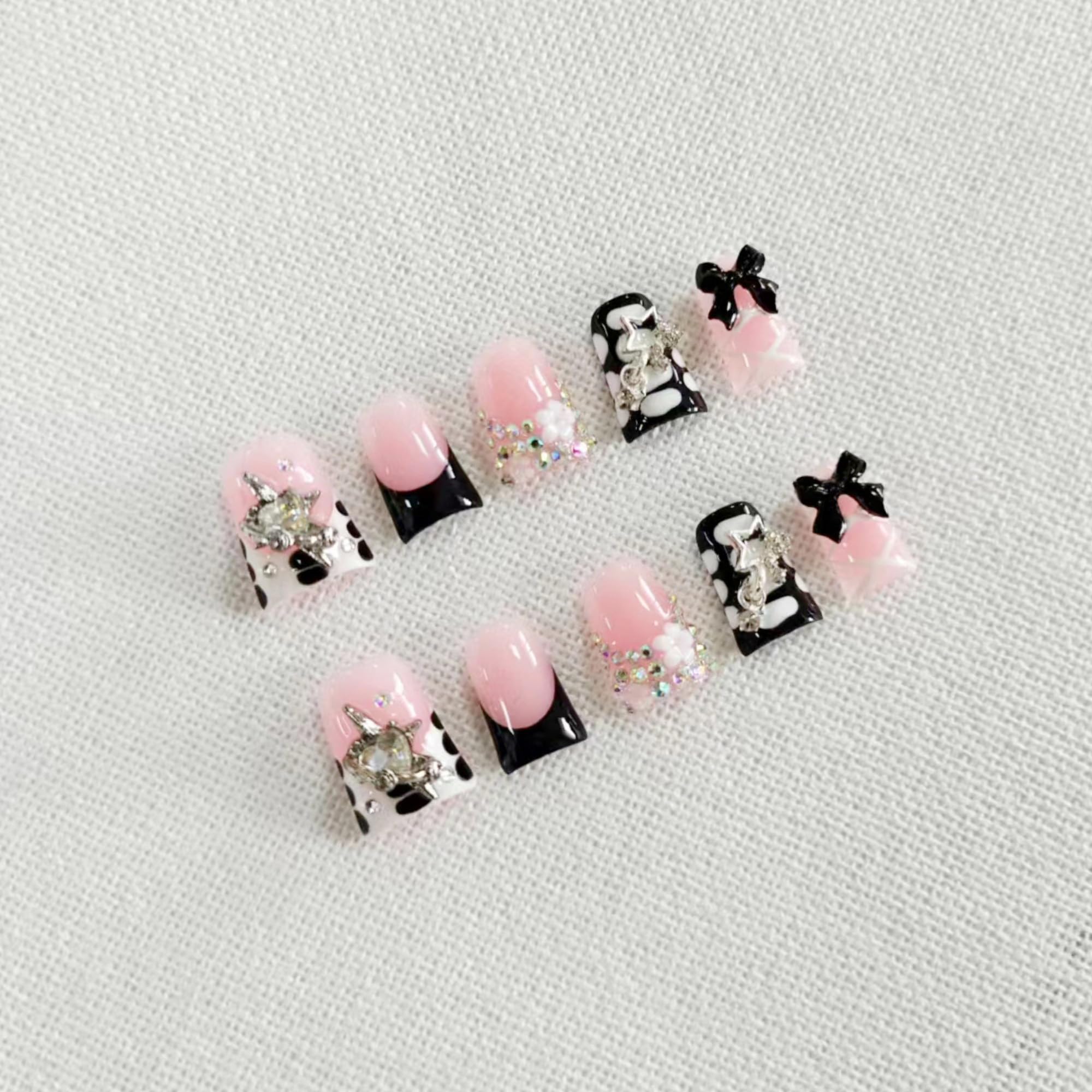 Qicaijia Handmade Duck Press On Nails – Black French Tip with 3D Bow Rhinestones (Medium, 10Pcs)