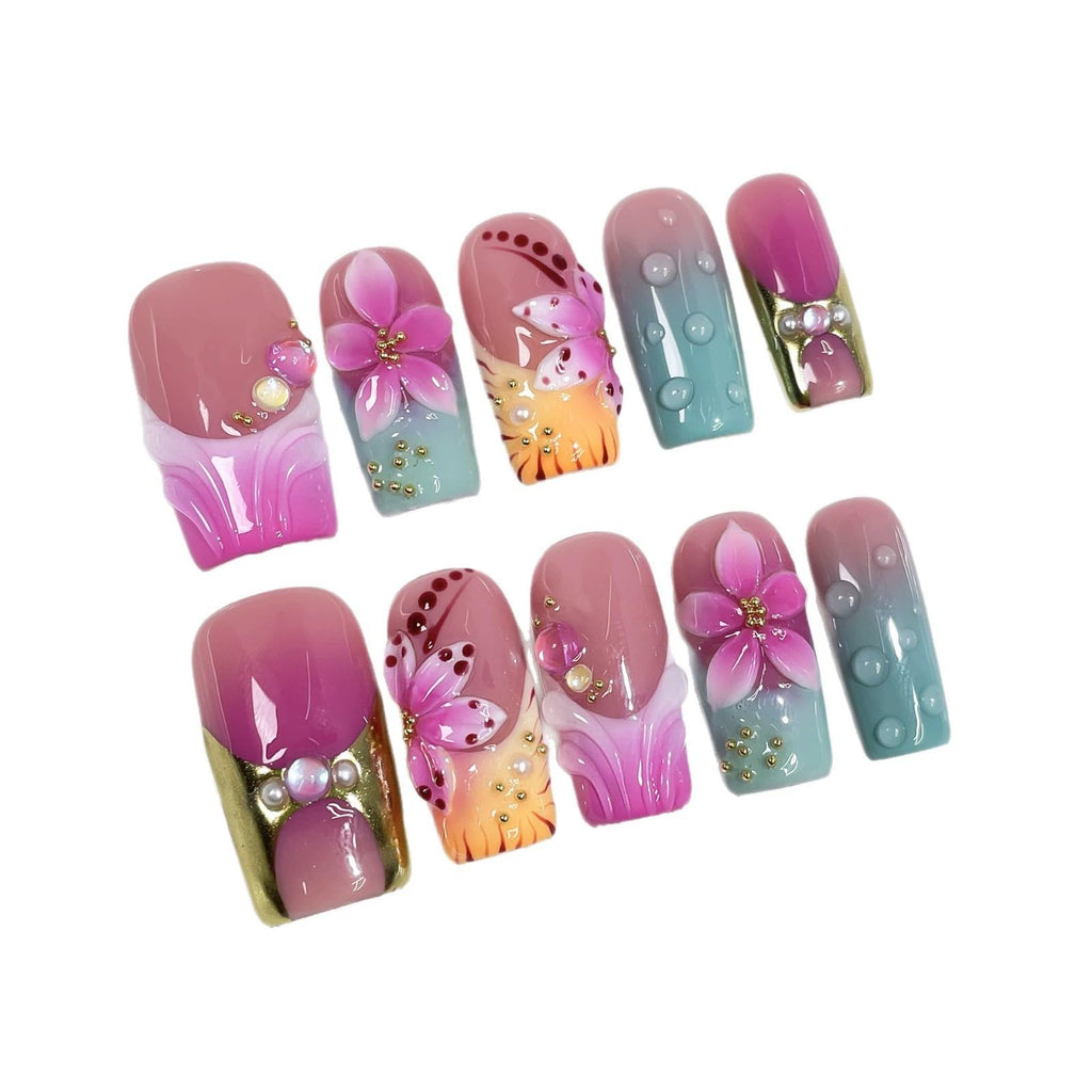 Qicaijia 10Pcs Medium Press-On Nails – 3D Flower Purple Ombre, Square Glossy False Nails