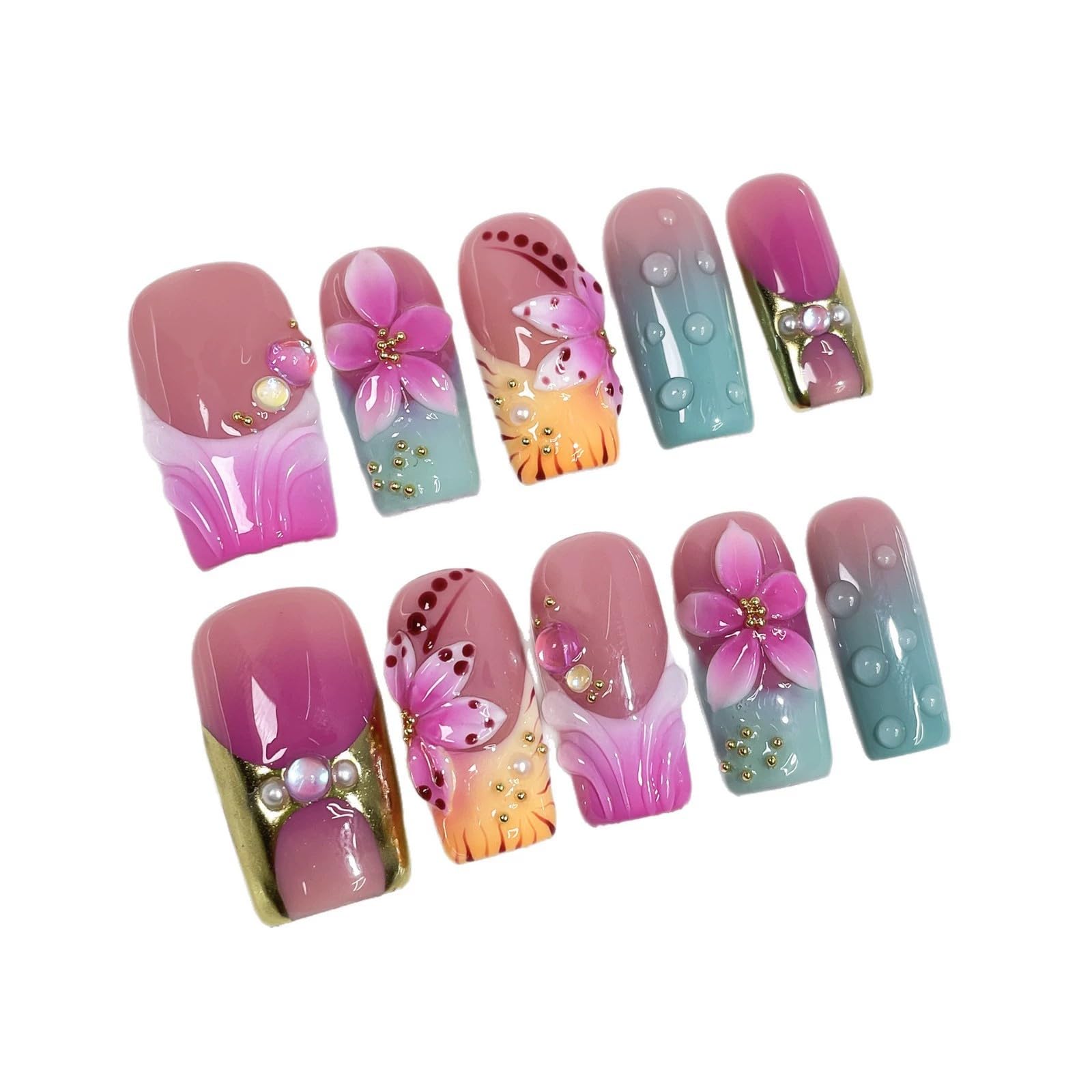 Qicaijia 10Pcs Medium Press-On Nails – 3D Flower Purple Ombre, Square Glossy False Nails