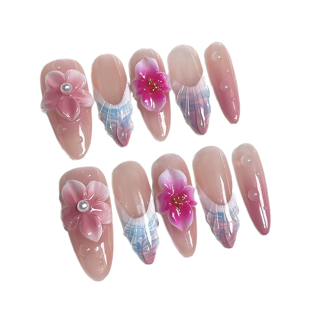 Qicaijia 3D Floral Handmade Press On Nails – Long Almond, Pink French Tip with Pearl Flower (Size M)