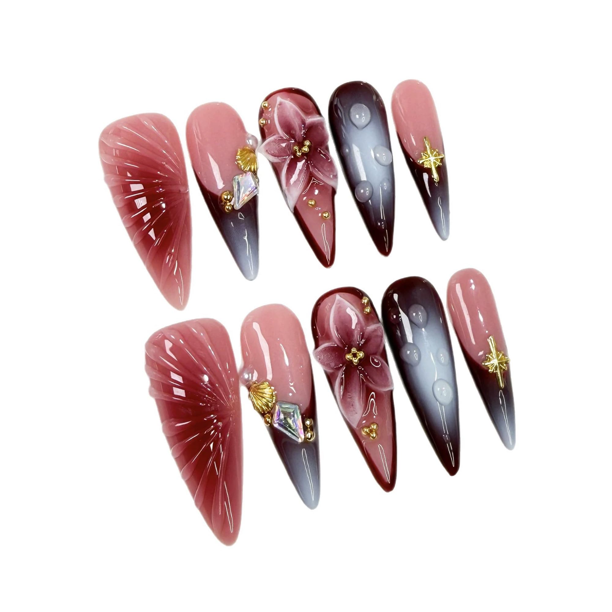 Qicaijia Handmade Press-On Nails — Long Almond, 3D Flower Art, Ombre French Tip (10Pcs, Size M)