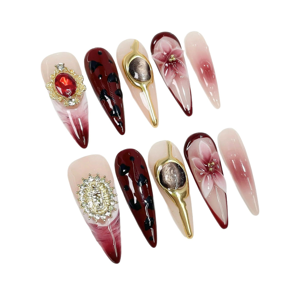 Qicaijia Handmade Press-On Nails Long Burgundy French Tips – 3D Floral, Cat Eye & Charms (10 Pcs, Size M)