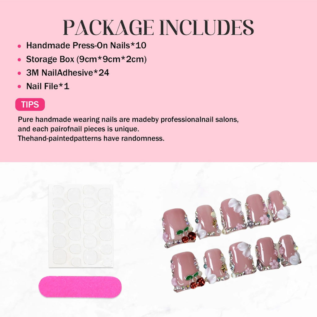 Qicaijia Pink Handmade Duck Nail Set – 10Pcs Press-On Nails with Glue and Sparkling Tips