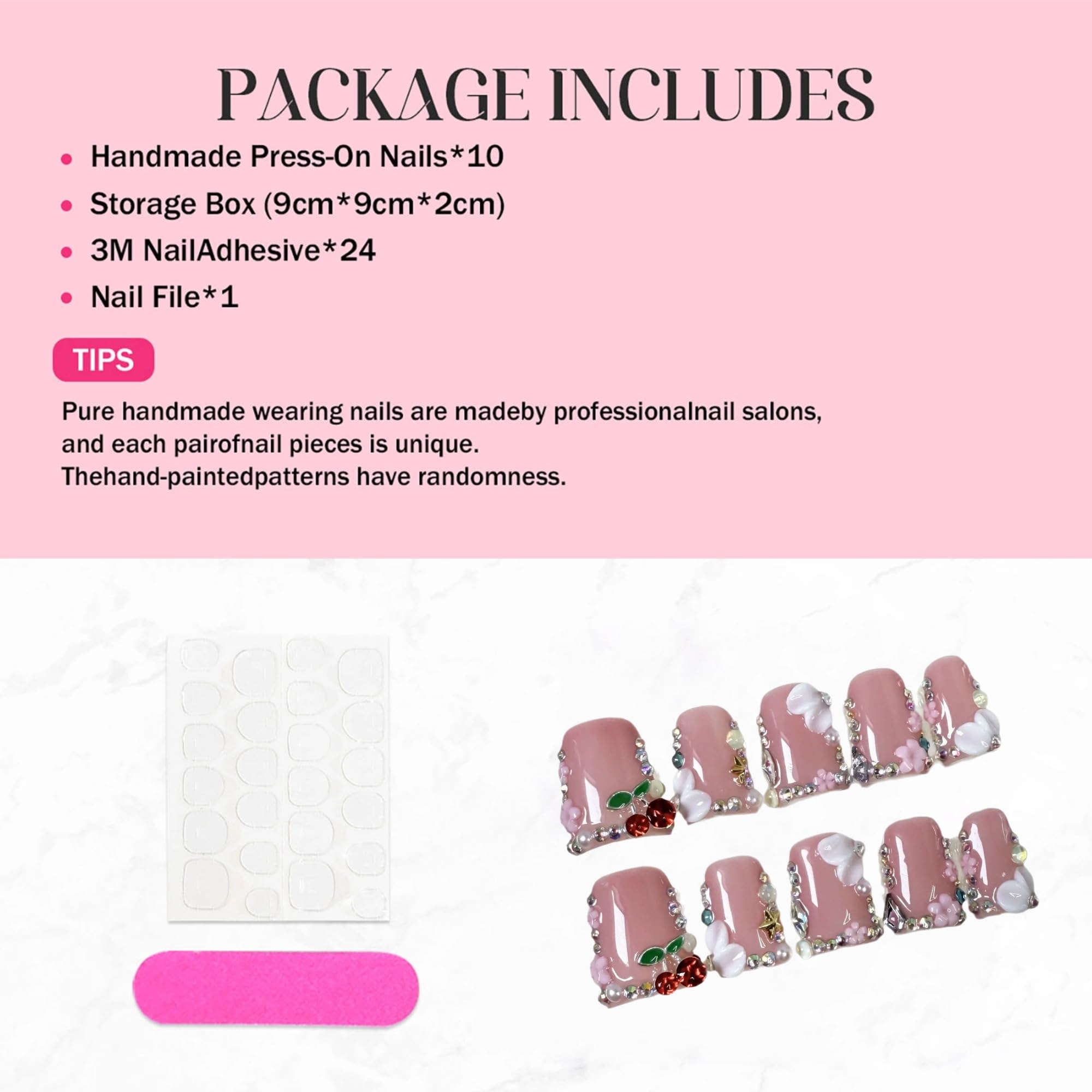 Qicaijia Pink Handmade Duck Nail Set – 10Pcs Press-On Nails with Glue and Sparkling Tips