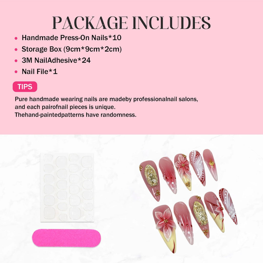 Qicaijia Long Press On Nails – Almond Design, 3D Flower French Tip, Glue-On, 10Pcs (Size M)