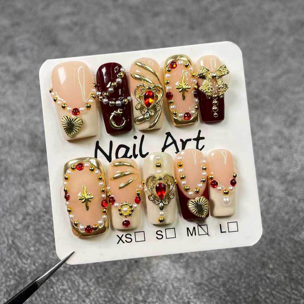 Qicaijia 10Pcs Size M Medium Square Handmade Press-On Nails | Luxury Egyptian Palace Relief with Gold Charms