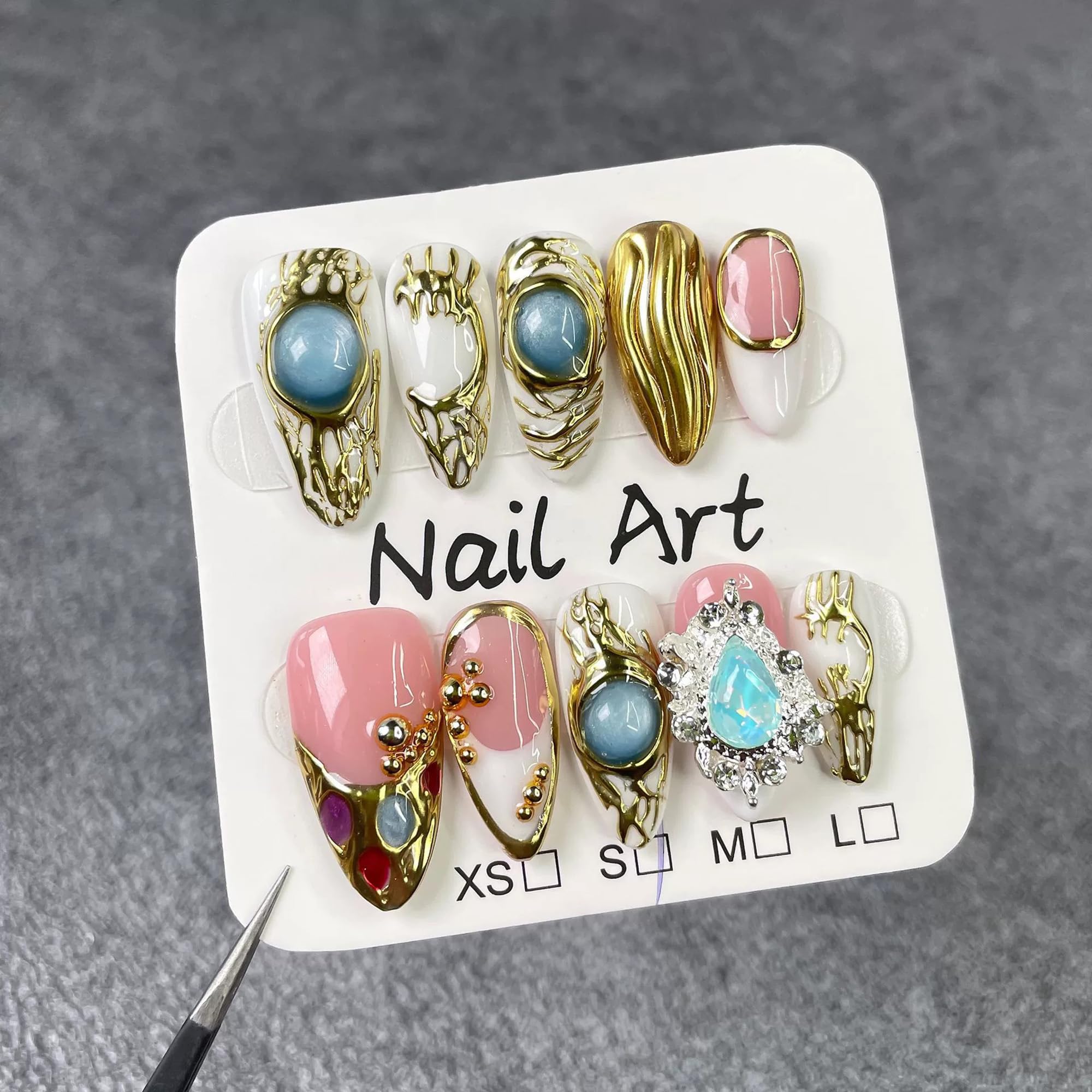 Qicaijia Handmade Almond Nails – White French Tip Short Press-On with Gold Embossed 3D Swirls & Charms