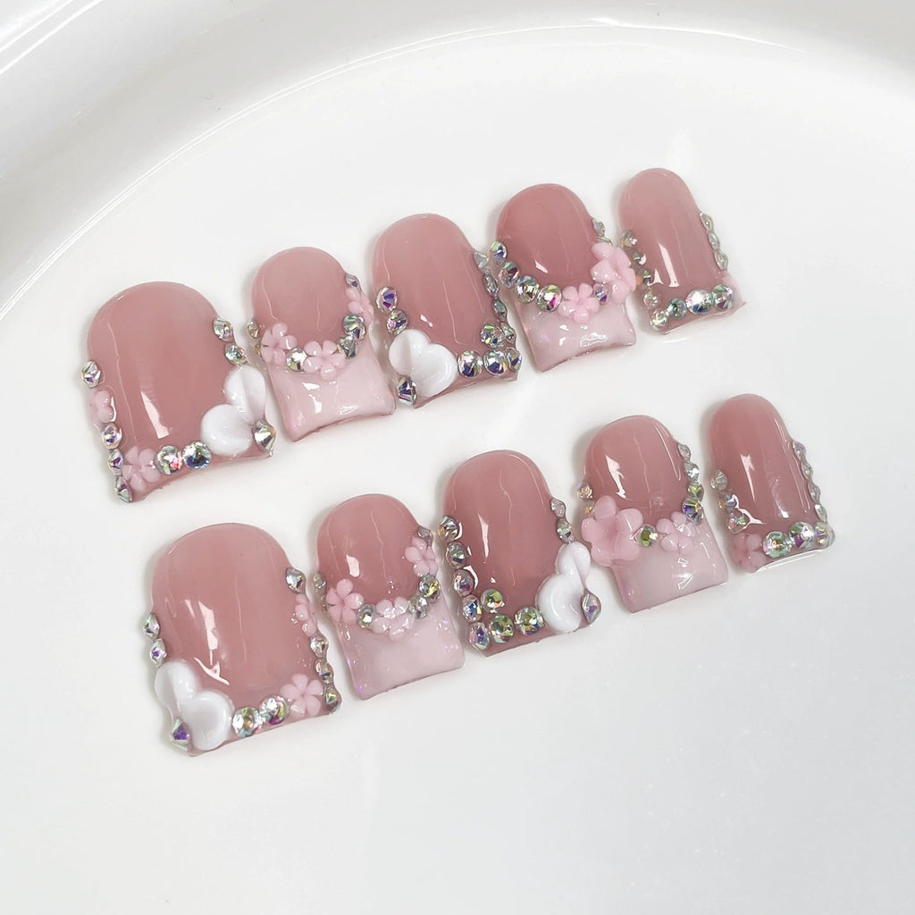 Qicaijia 10Pcs Handmade Press-On Nails – Short Square 3D Flower, Size M