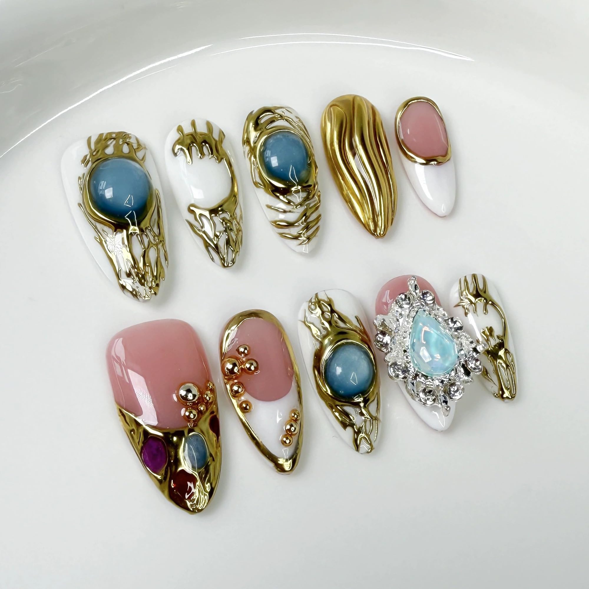 Qicaijia Handmade Almond Nails – White French Tip Short Press-On with Gold Embossed 3D Swirls & Charms