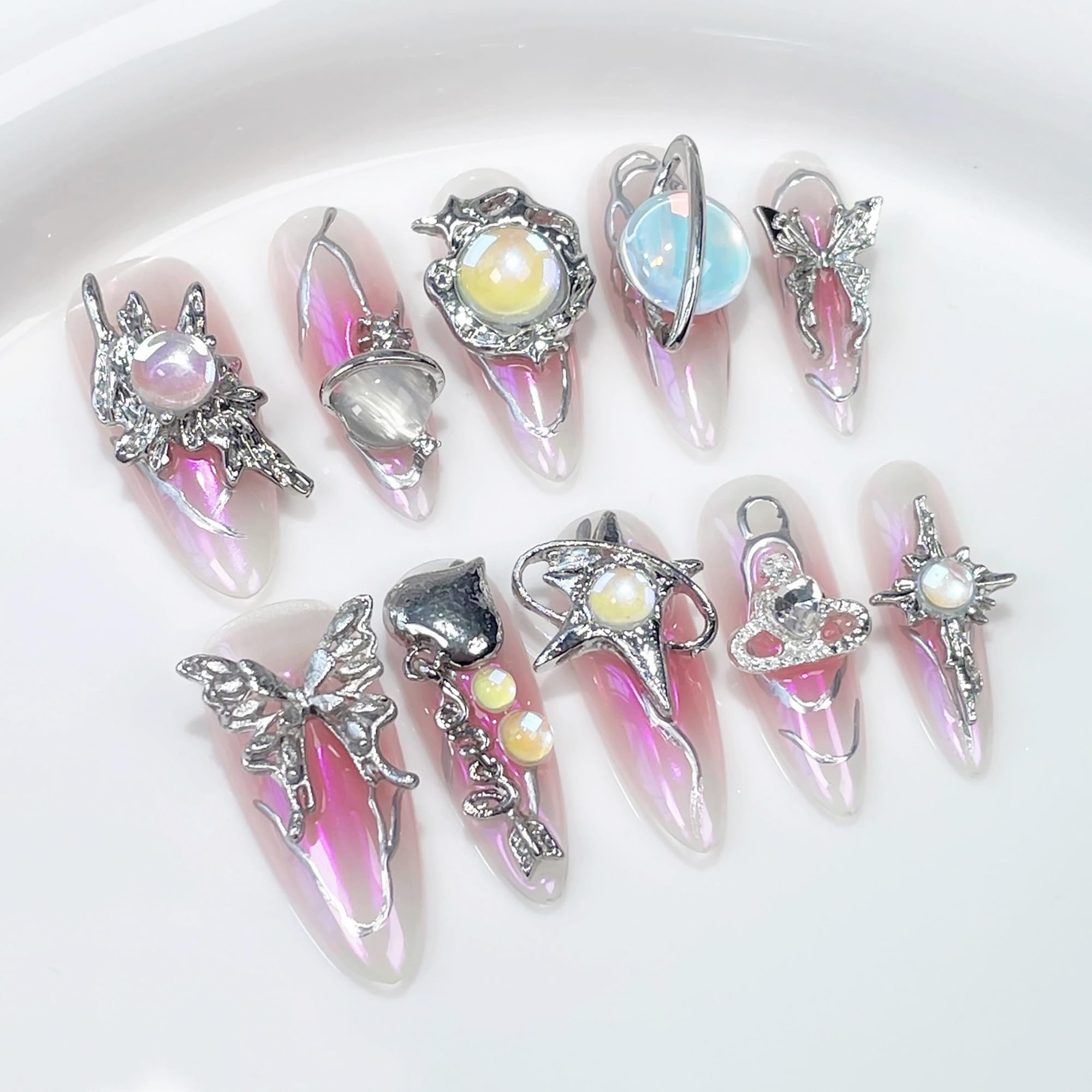 Qicaijia Handmade Press On Nails – Long Almond, 3D Metallic Butterfly, Pink Ombre (10Pcs, Size M)