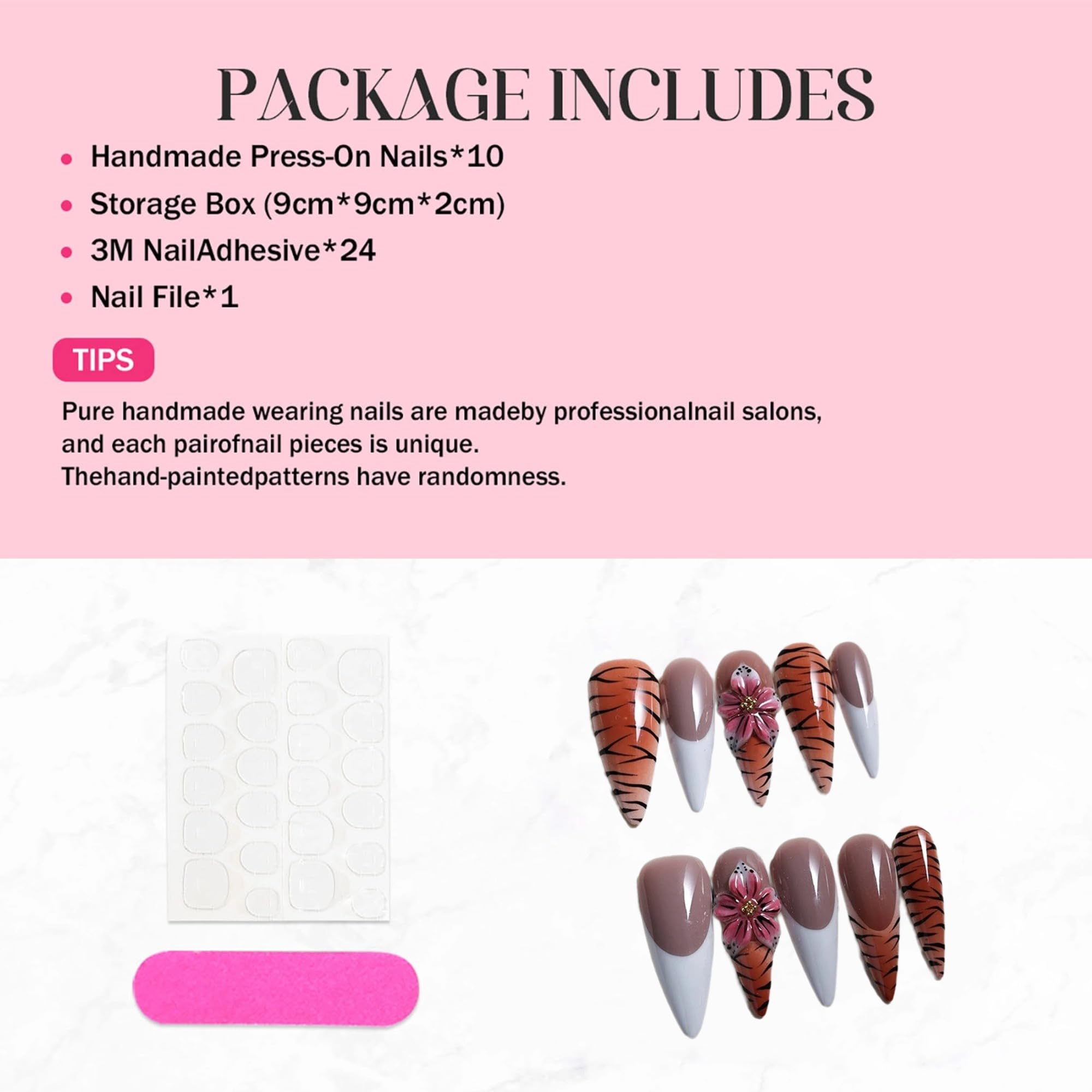 Qicaijia White French Tip Nails – Long Almond Press-On Nails with Leopard 3D Flower (10 Pcs, Size M)
