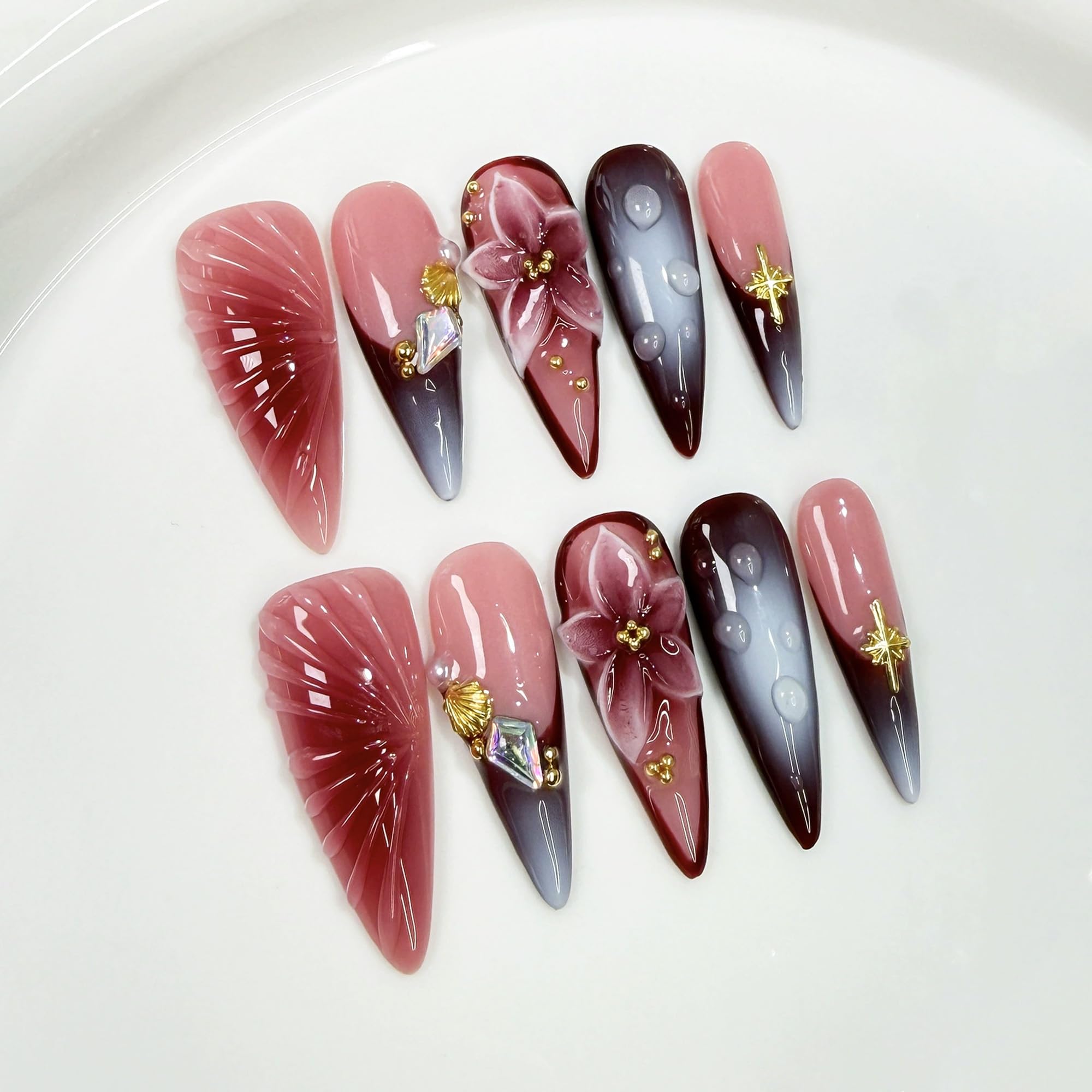 Qicaijia Handmade Press-On Nails — Long Almond, 3D Flower Art, Ombre French Tip (10Pcs, Size M)