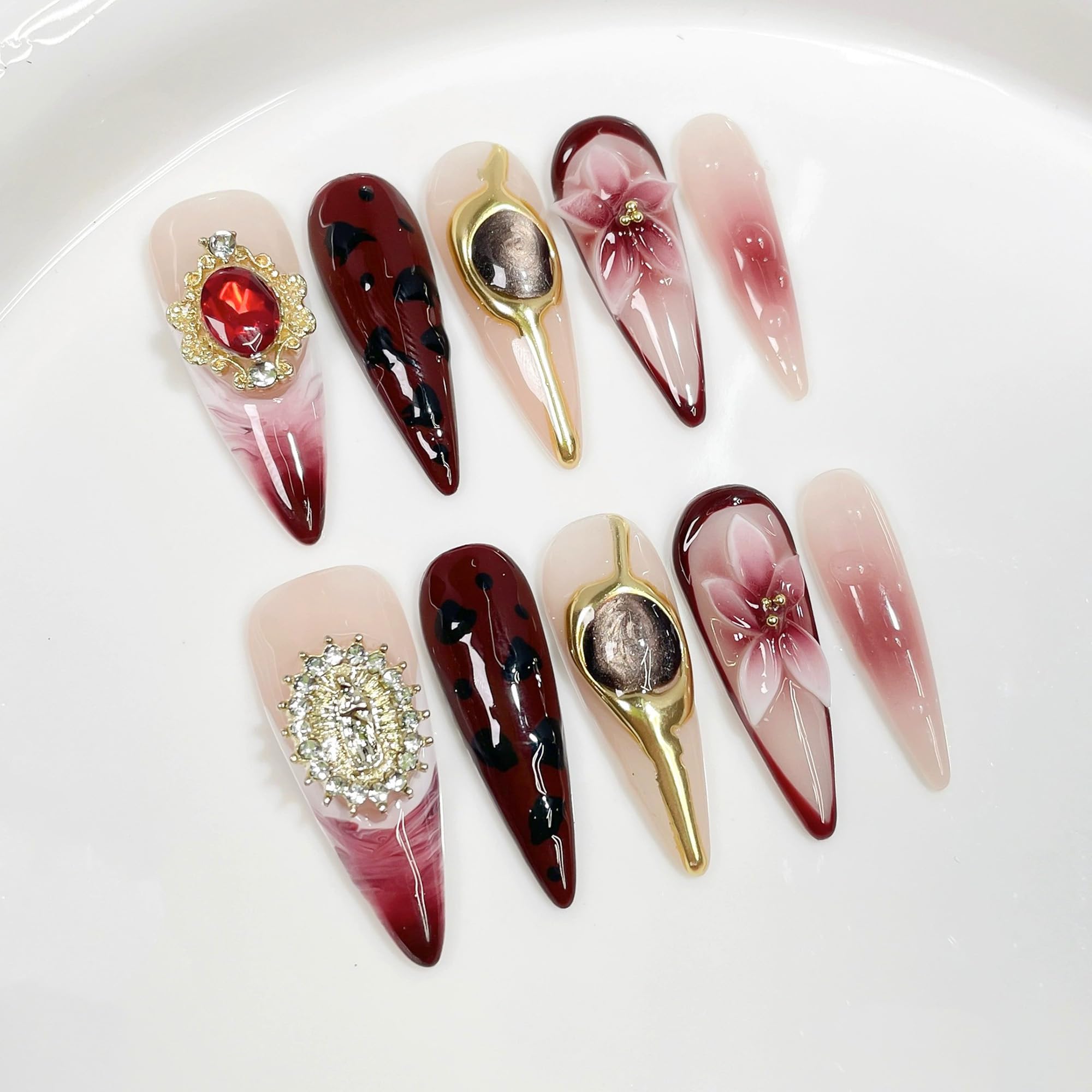 Qicaijia Handmade Press-On Nails Long Burgundy French Tips – 3D Floral, Cat Eye & Charms (10 Pcs, Size M)