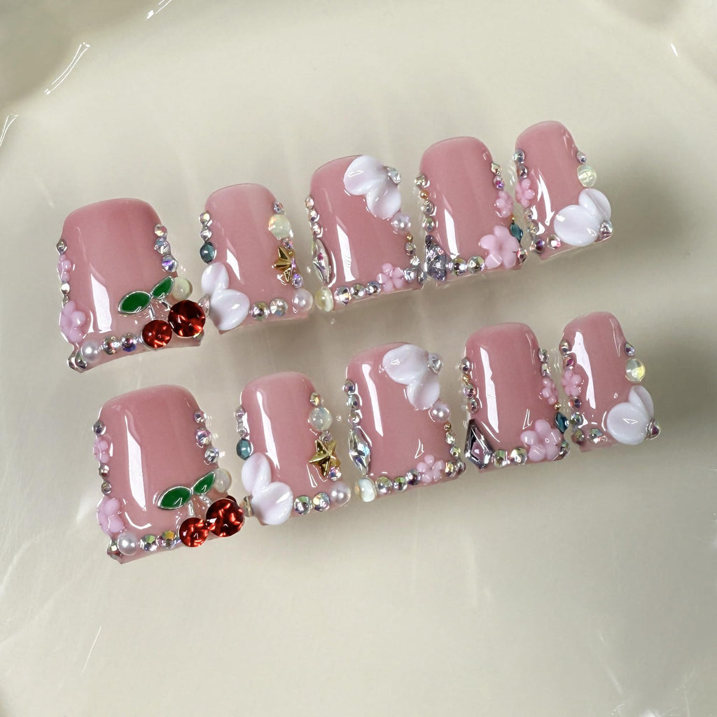 Qicaijia Pink Handmade Duck Nail Set – 10Pcs Press-On Nails with Glue and Sparkling Tips