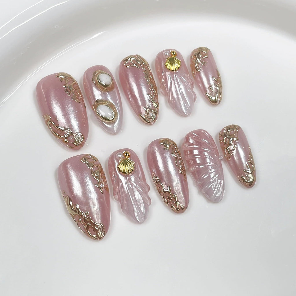 Qicaijia Handmade Short Pink Almond Press-On Nails – 10Pcs Size M, Reusable with 3D Ocean Shell Embossed Design