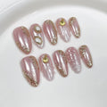 Qicaijia Handmade Short Pink Almond Press-On Nails – 10Pcs Size M, Reusable with 3D Ocean Shell Embossed Design