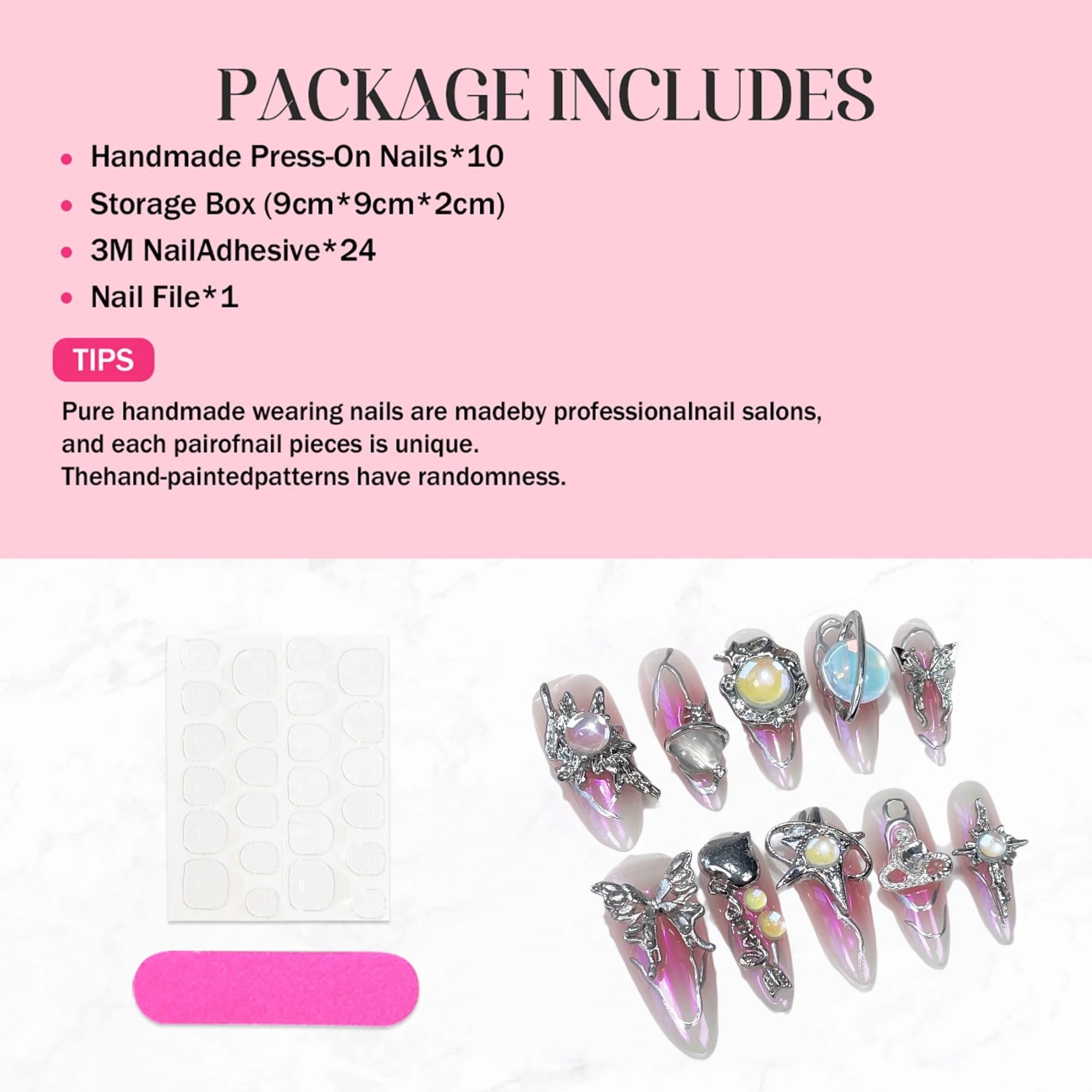 Qicaijia Handmade Press On Nails – Long Almond, 3D Metallic Butterfly, Pink Ombre (10Pcs, Size M)