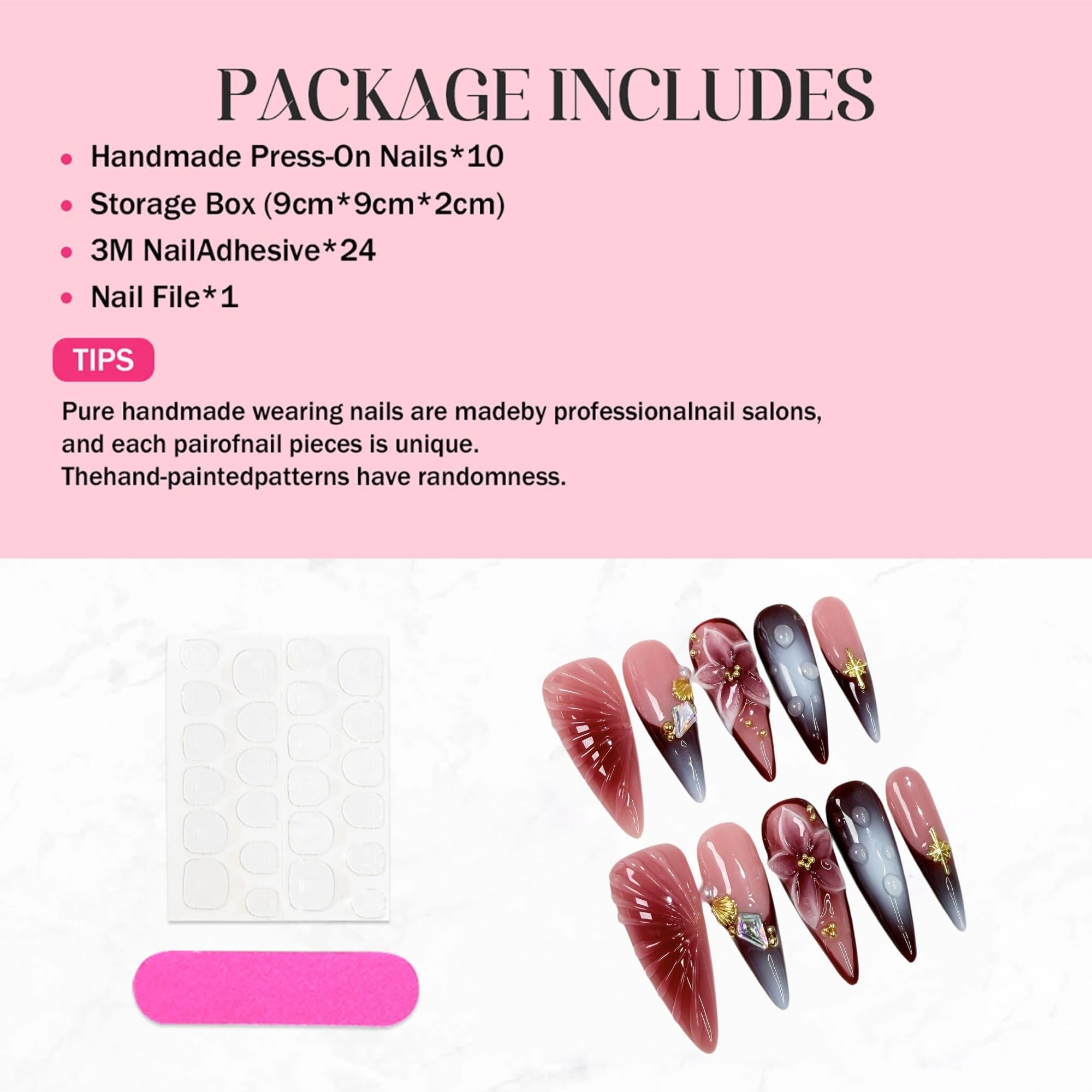 Qicaijia Handmade Press-On Nails — Long Almond, 3D Flower Art, Ombre French Tip (10Pcs, Size M)