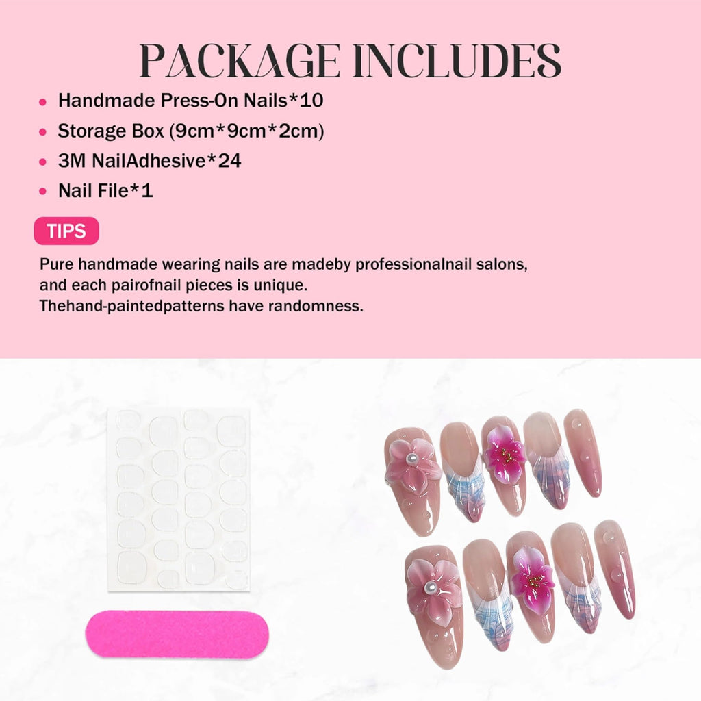 Qicaijia 3D Floral Handmade Press On Nails – Long Almond, Pink French Tip with Pearl Flower (Size M)
