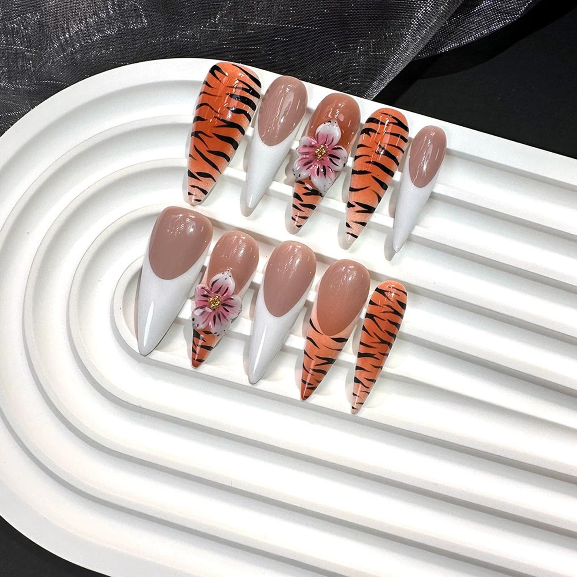 Qicaijia White French Tip Nails – Long Almond Press-On Nails with Leopard 3D Flower (10 Pcs, Size M)