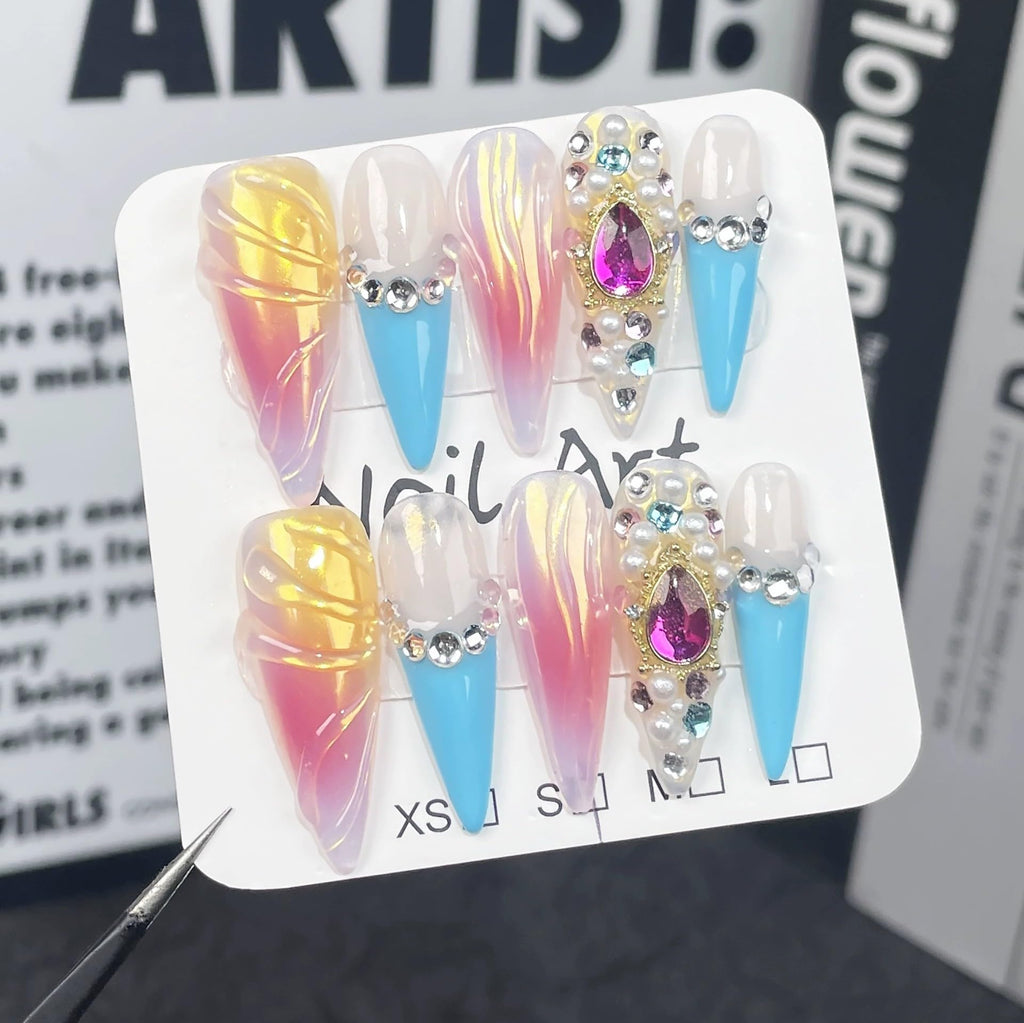 Qicaijia Luxury Handmade Press On Nails – Long Stiletto Ombre with 3D Rhinestones (10 Pcs, Size M)