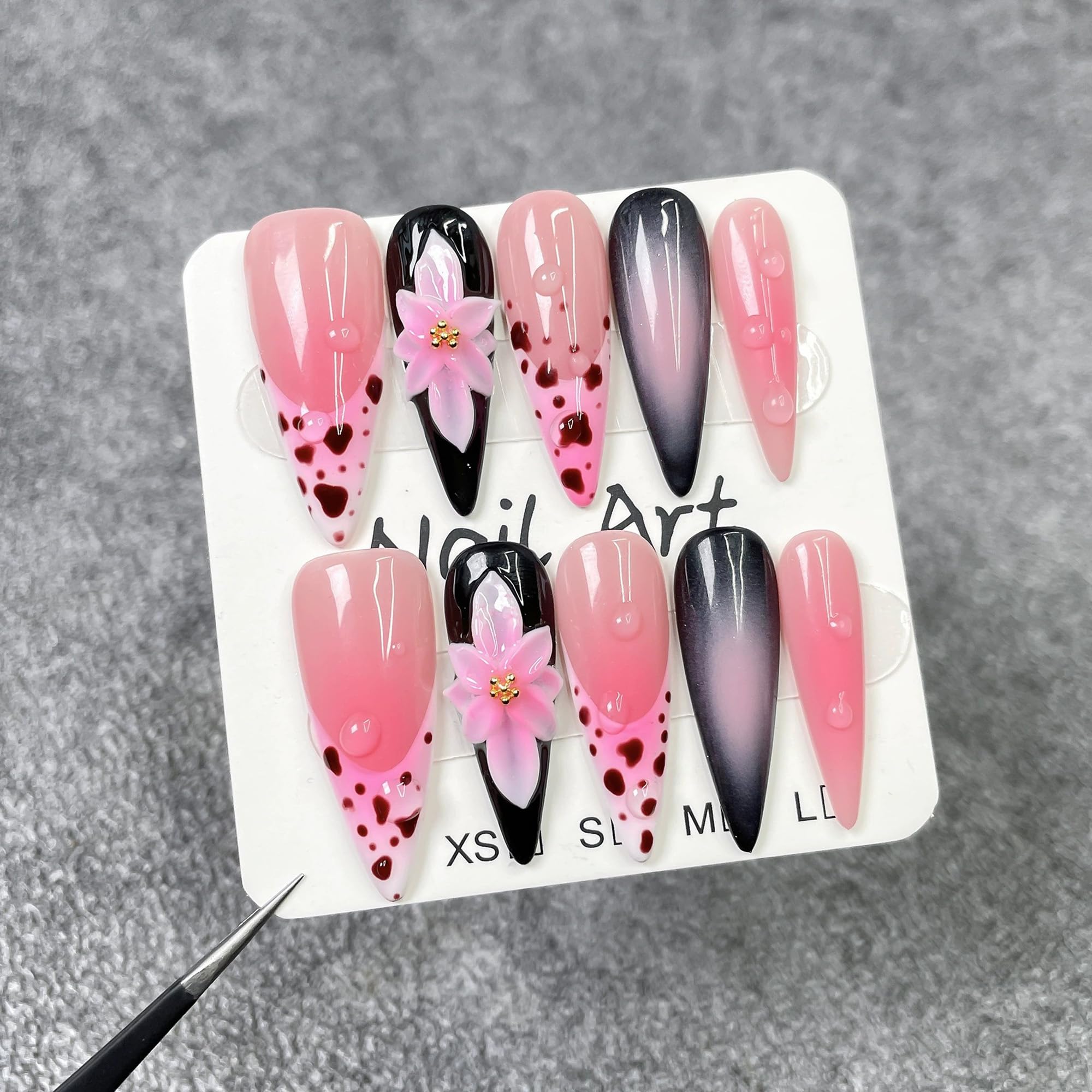 Qicaijia Handmade Almond Press On Nails – Pink Ombre French Tip with 3D Flowers (10Pcs, Size M)