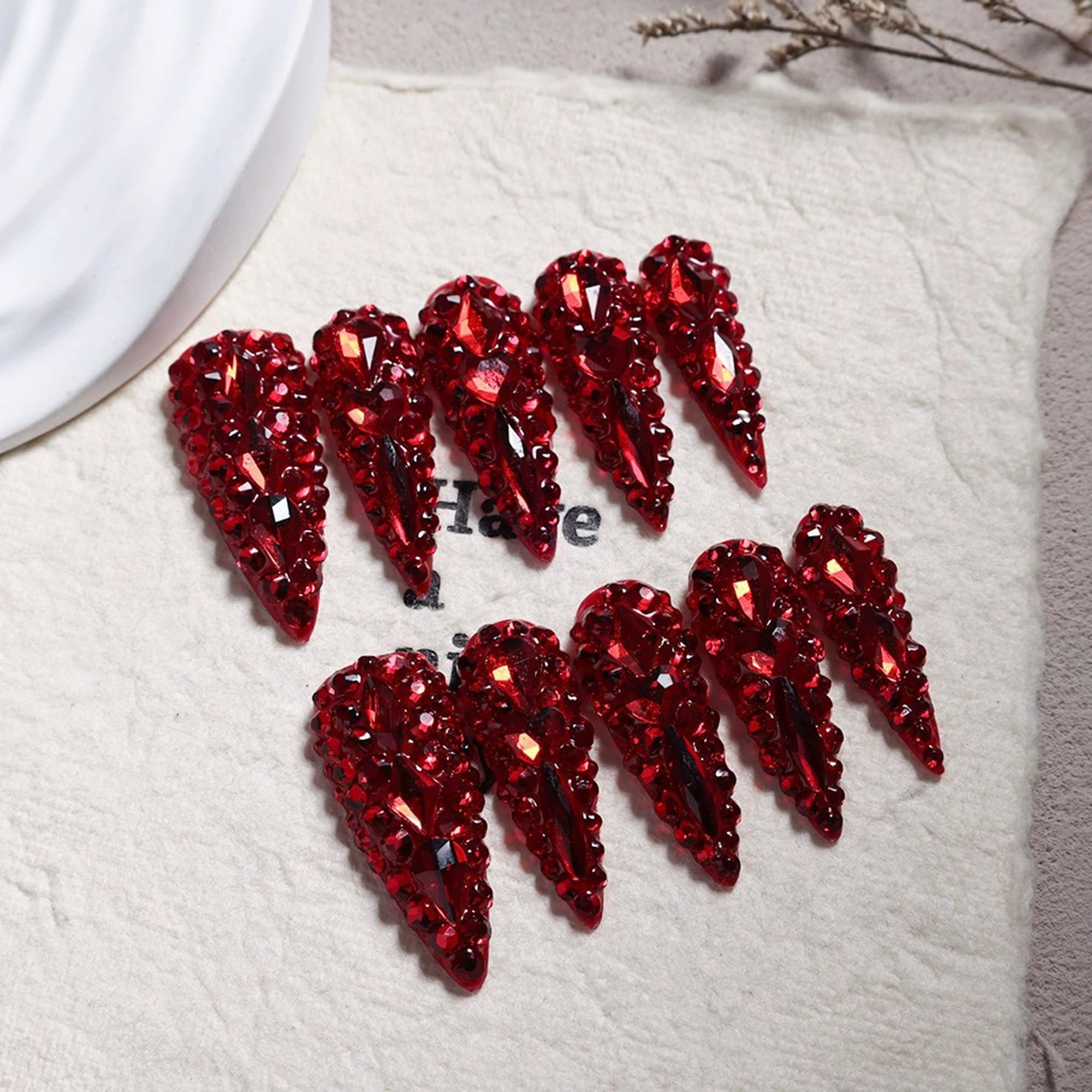 Qicaijia Long Almond Press-On Nails – Sparkly Red Rhinestones, Full-Cover False Nails (10Pcs, Size M)
