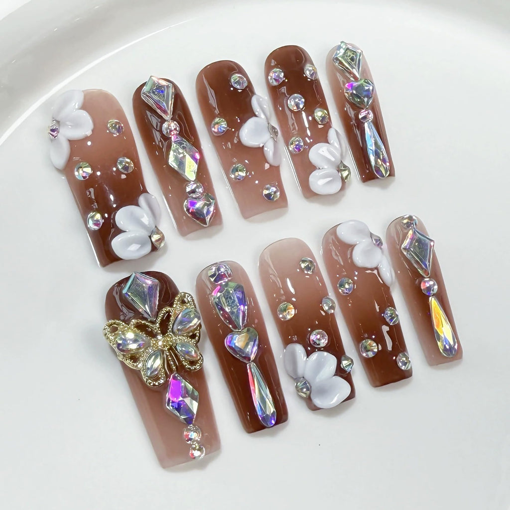 Qicaijia Long Press Nails – Square Luxury Reusable False Nails with 3D Flower & Butterfly Design (10Pcs, Size M)
