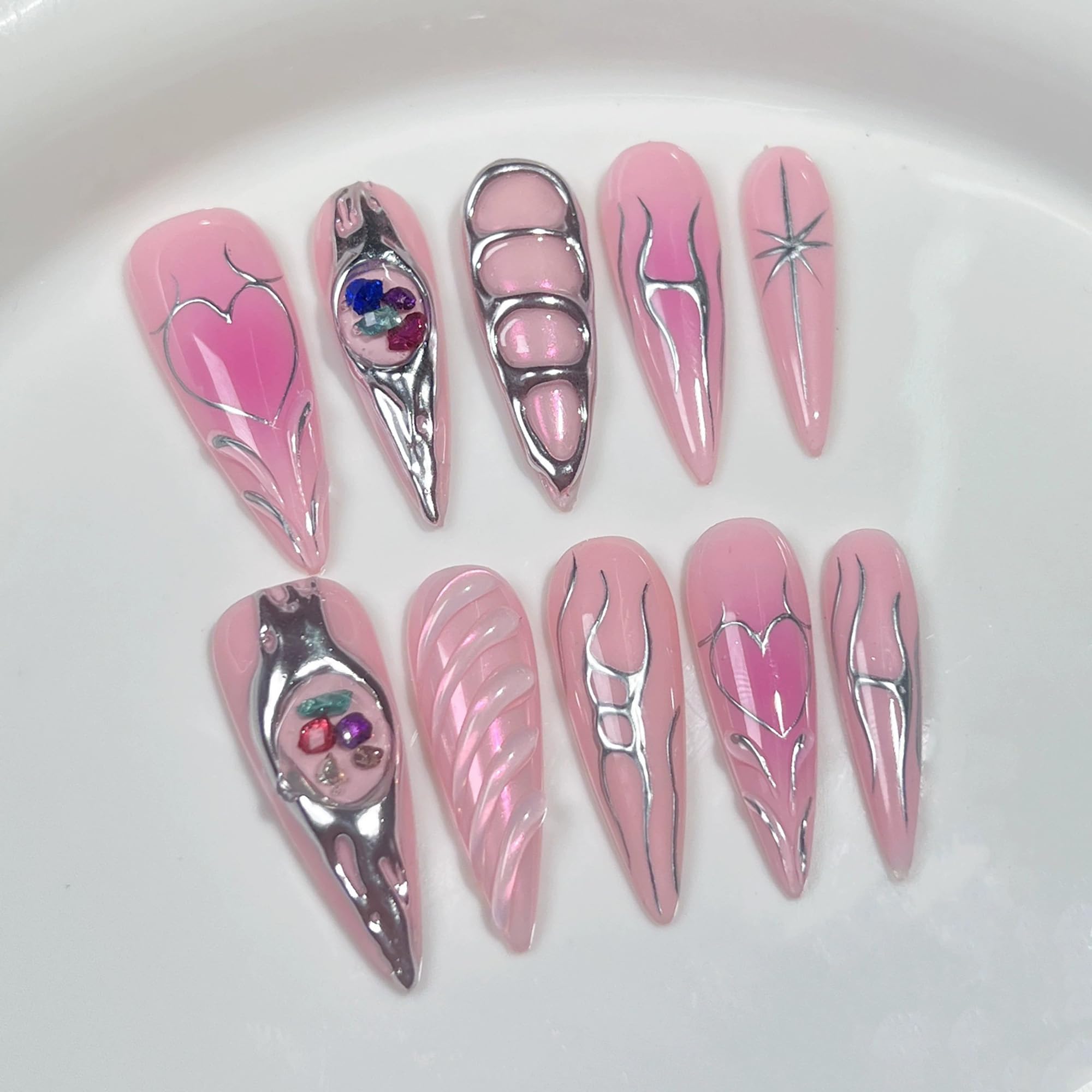 Qicaijia 10Pcs Long Press On Nails – Pink Almond Ombre, Reusable Full Cover