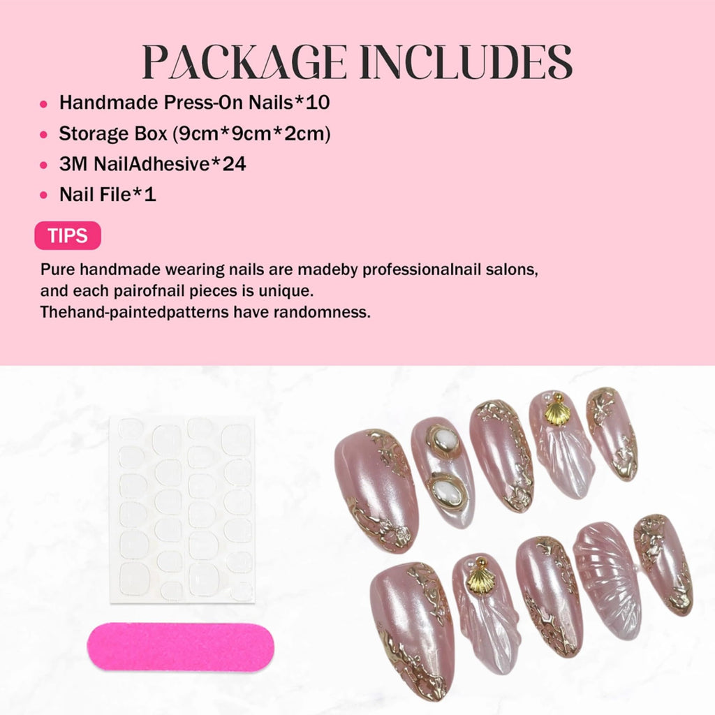 Qicaijia Handmade Short Pink Almond Press-On Nails – 10Pcs Size M, Reusable with 3D Ocean Shell Embossed Design