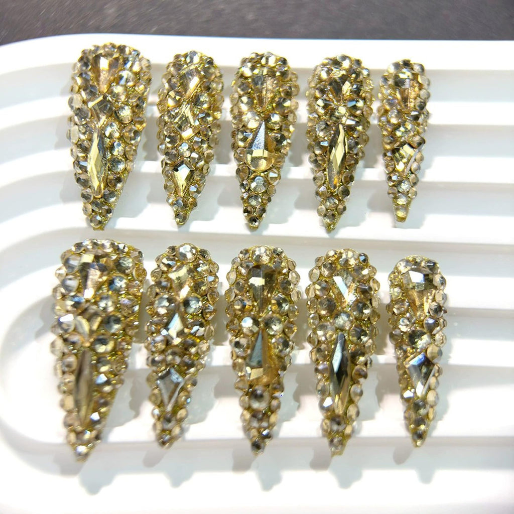Qicaijia Almond Press-On Nails – Long Gold Rhinestones, 10Pcs (Size M) Luxury Full Cover