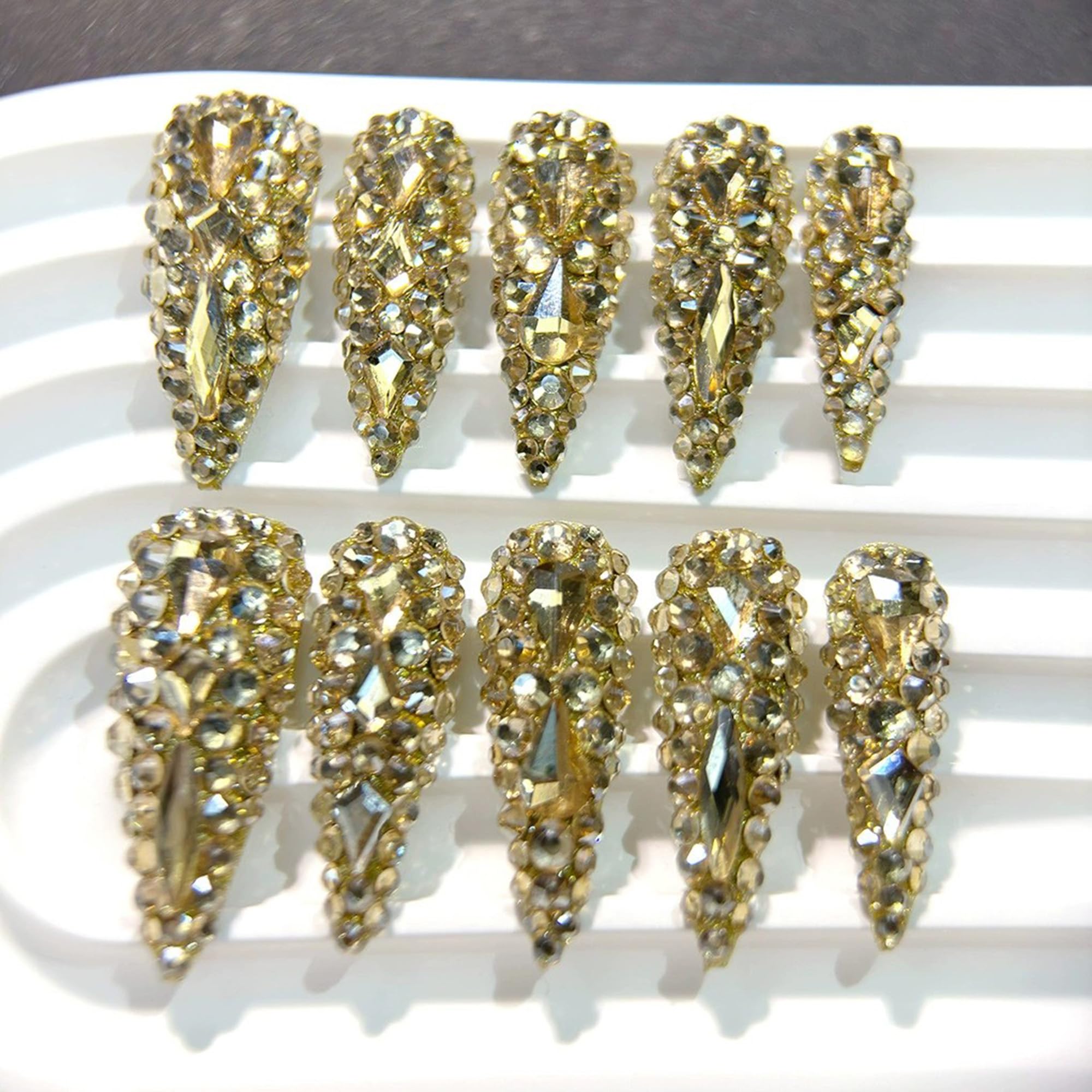 Qicaijia Almond Press-On Nails – Long Gold Rhinestones, 10Pcs (Size M) Luxury Full Cover
