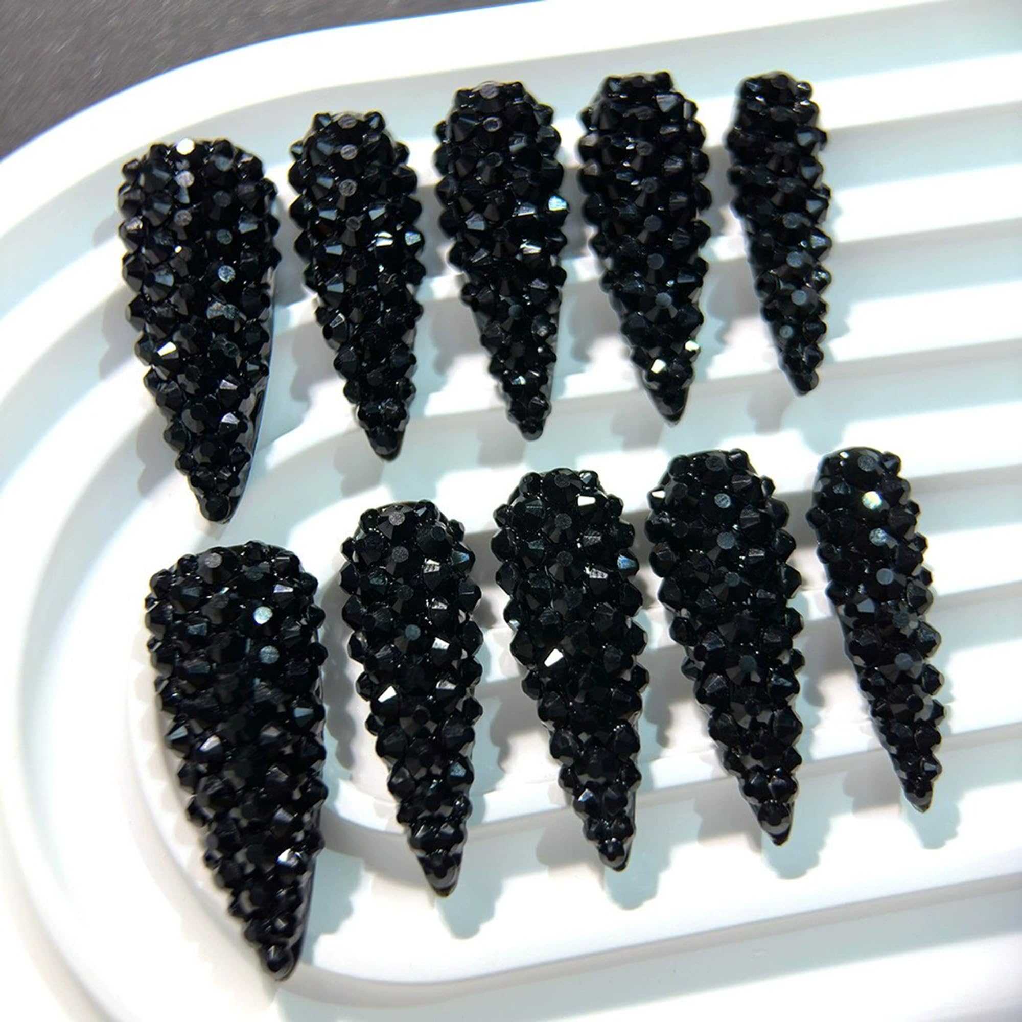 Qicaijia Almond Press On Nails – Long Black Rhinestones, Luxury Full Cover 3D Nail Art (10 Pcs, Size M)