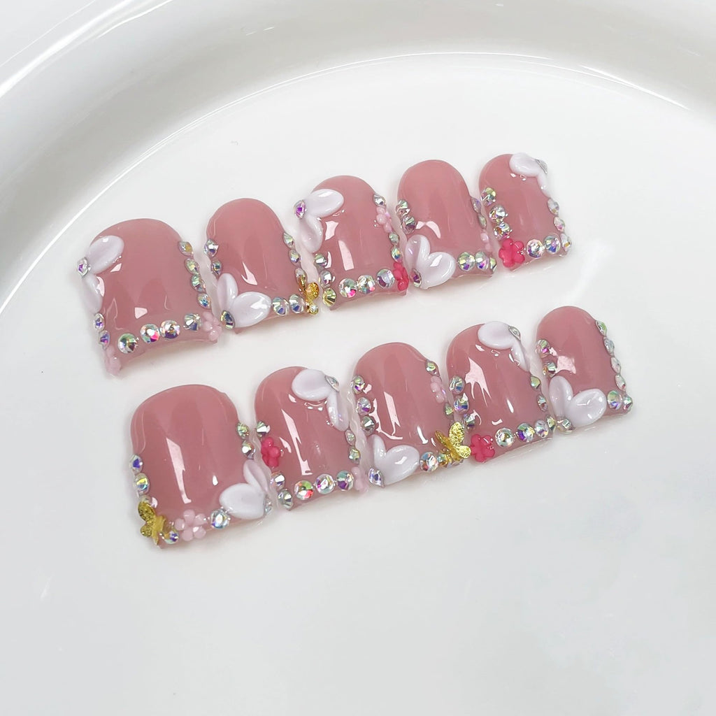Qicaijia 10Pcs Luxury Handmade Press-On Nails – Short Square 3D Floral (Size M)