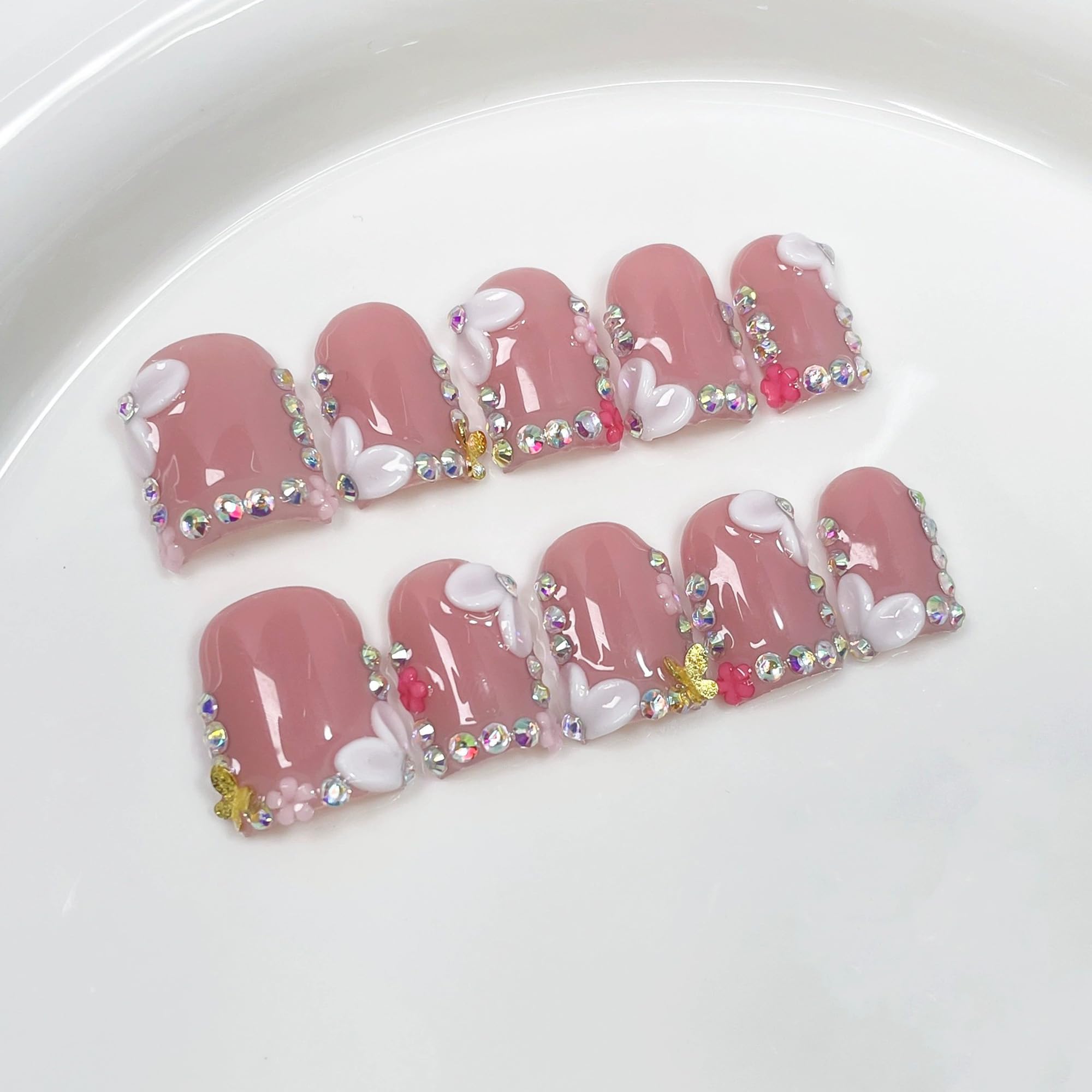 Qicaijia 10Pcs Luxury Handmade Press-On Nails – Short Square 3D Floral (Size M)