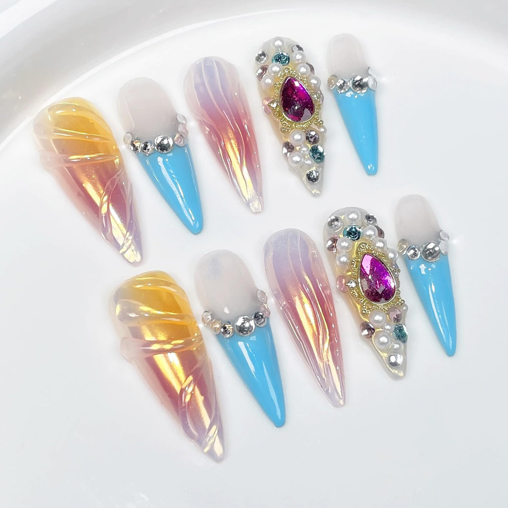Qicaijia Luxury Handmade Press On Nails – Long Stiletto Ombre with 3D Rhinestones (10 Pcs, Size M)