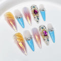 Qicaijia Luxury Handmade Press On Nails – Long Stiletto Ombre with 3D Rhinestones (10 Pcs, Size M)