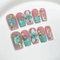 Qicaijia Luxury Handmade Press-On Nails – Blue French Ombre with 3D Flower Art, Size M, 10 Pcs