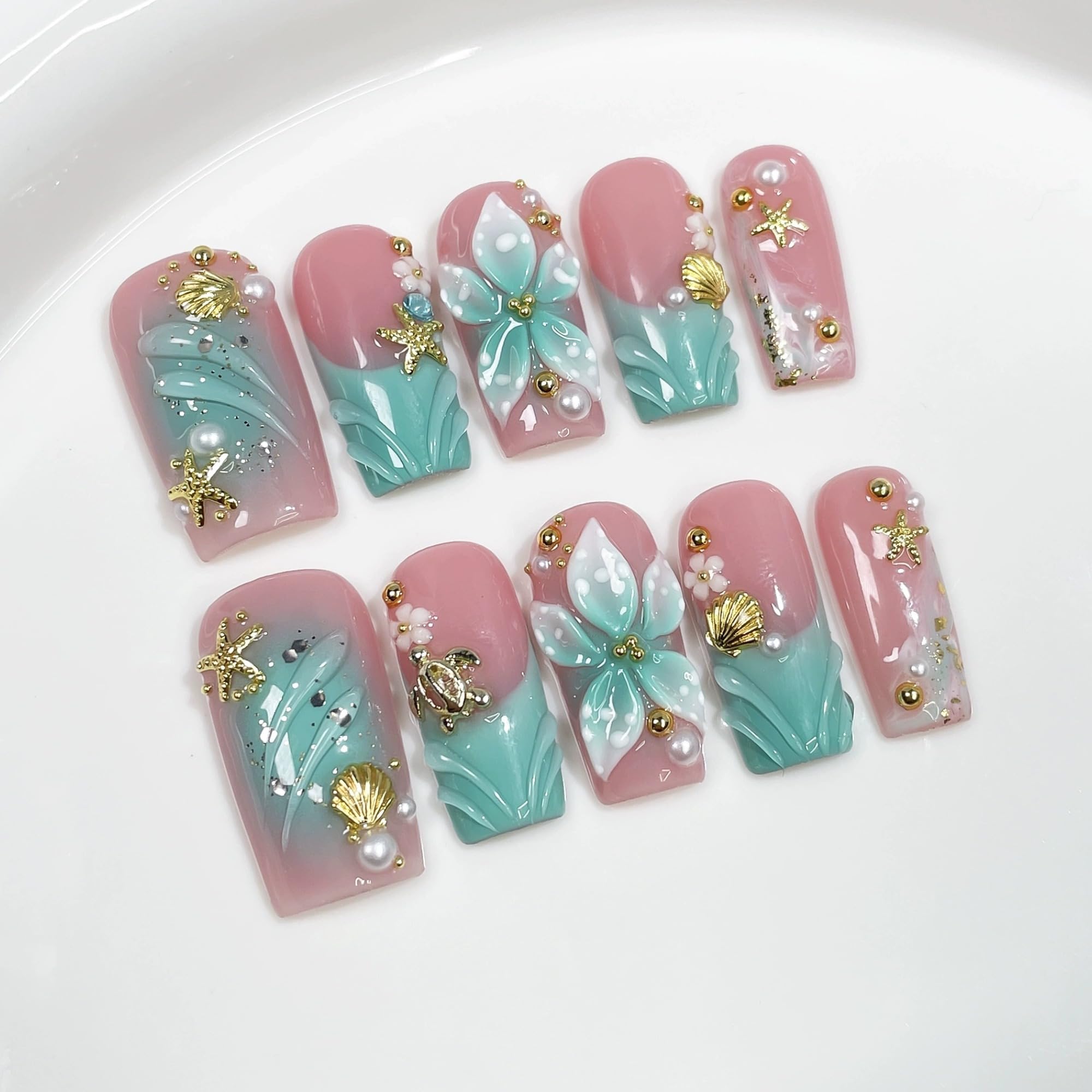 Qicaijia Luxury Handmade Press-On Nails – Blue French Ombre with 3D Flower Art, Size M, 10 Pcs