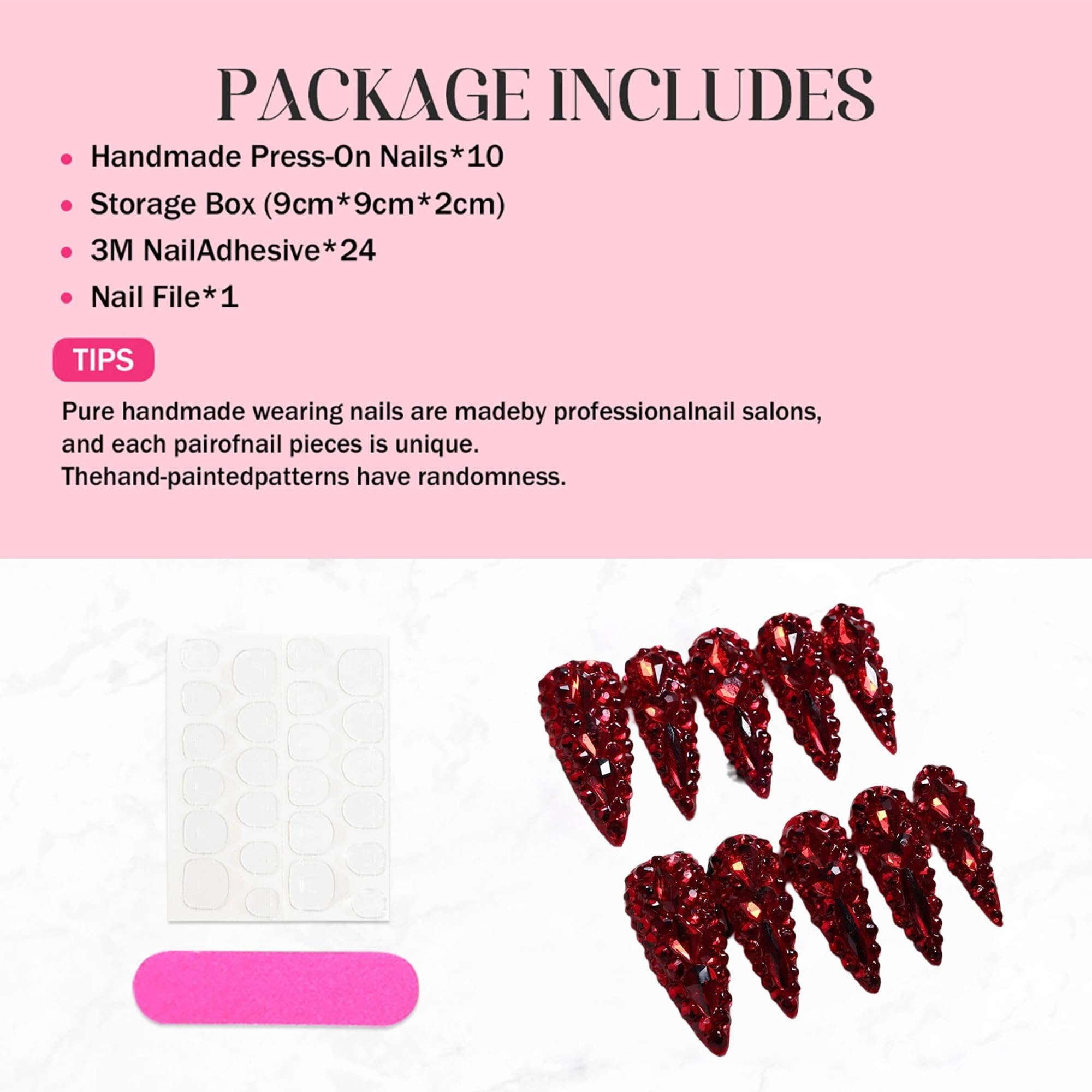 Qicaijia Long Almond Press-On Nails – Sparkly Red Rhinestones, Full-Cover False Nails (10Pcs, Size M)