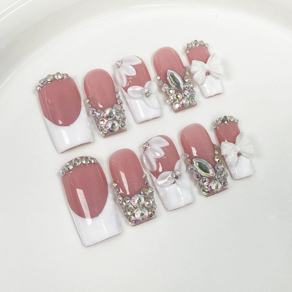 Qicaijia Luxury Rhinestone Nails – Medium Square Press-On, 3D Flower Art, White French (10Pcs, Size M)