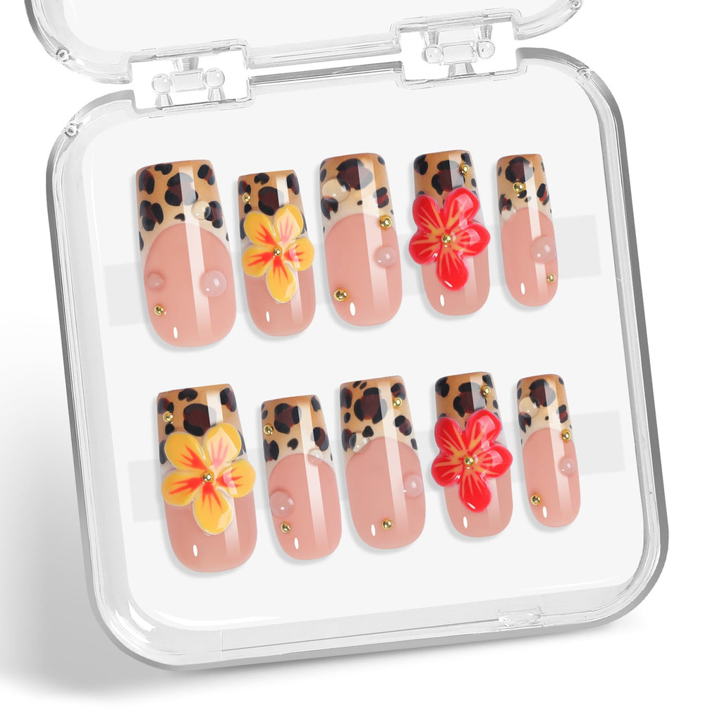 Qicaijia Medium Square Press-On Nails – Leopard Print French Tip with 3D Flower (Size M)